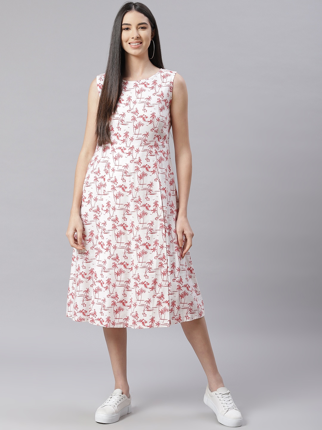 

Ayaany White & Maroon Floral Printed Pure Cotton A-Line Midi Dress
