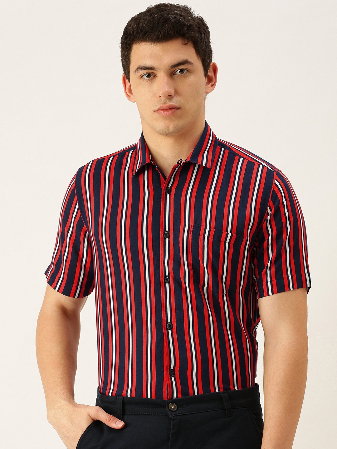 

Bene Kleed Men Red & Navy Blue Slim Fit Striped Anti Bacterial Finish Casual Shirt