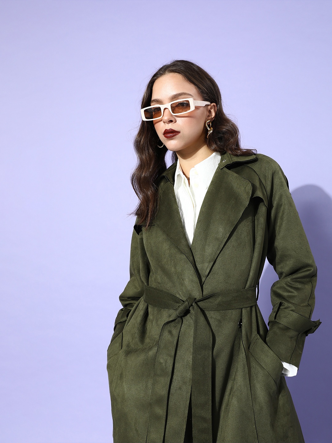 

COVER STORY Women Olive Green Solid Belted Jacket