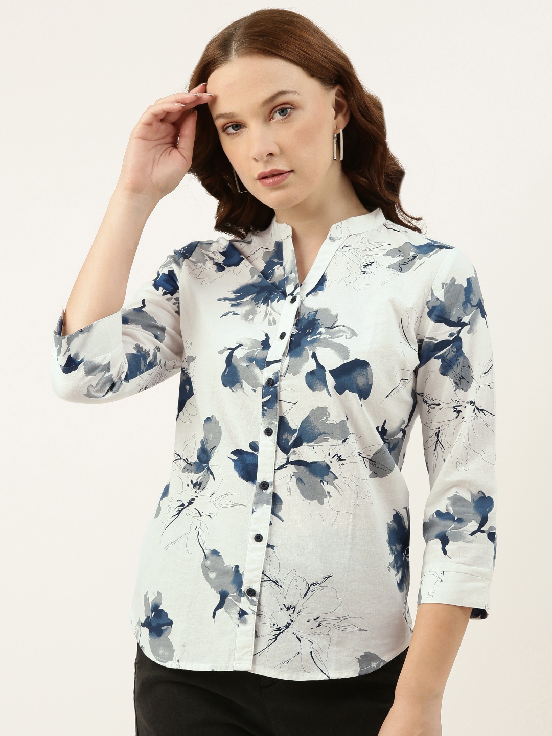 

Bene Kleed Slim Fit Floral Printed Casual Cotton Linen Shirt, Blue