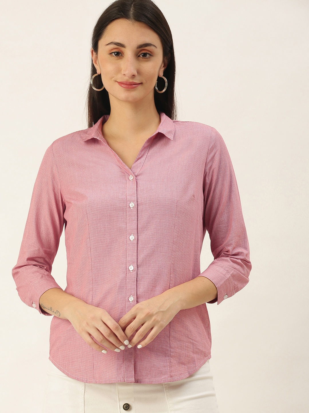 

IVOC Women Red & White Slim Fit Micro Checked Pure Cotton Casual Shirt