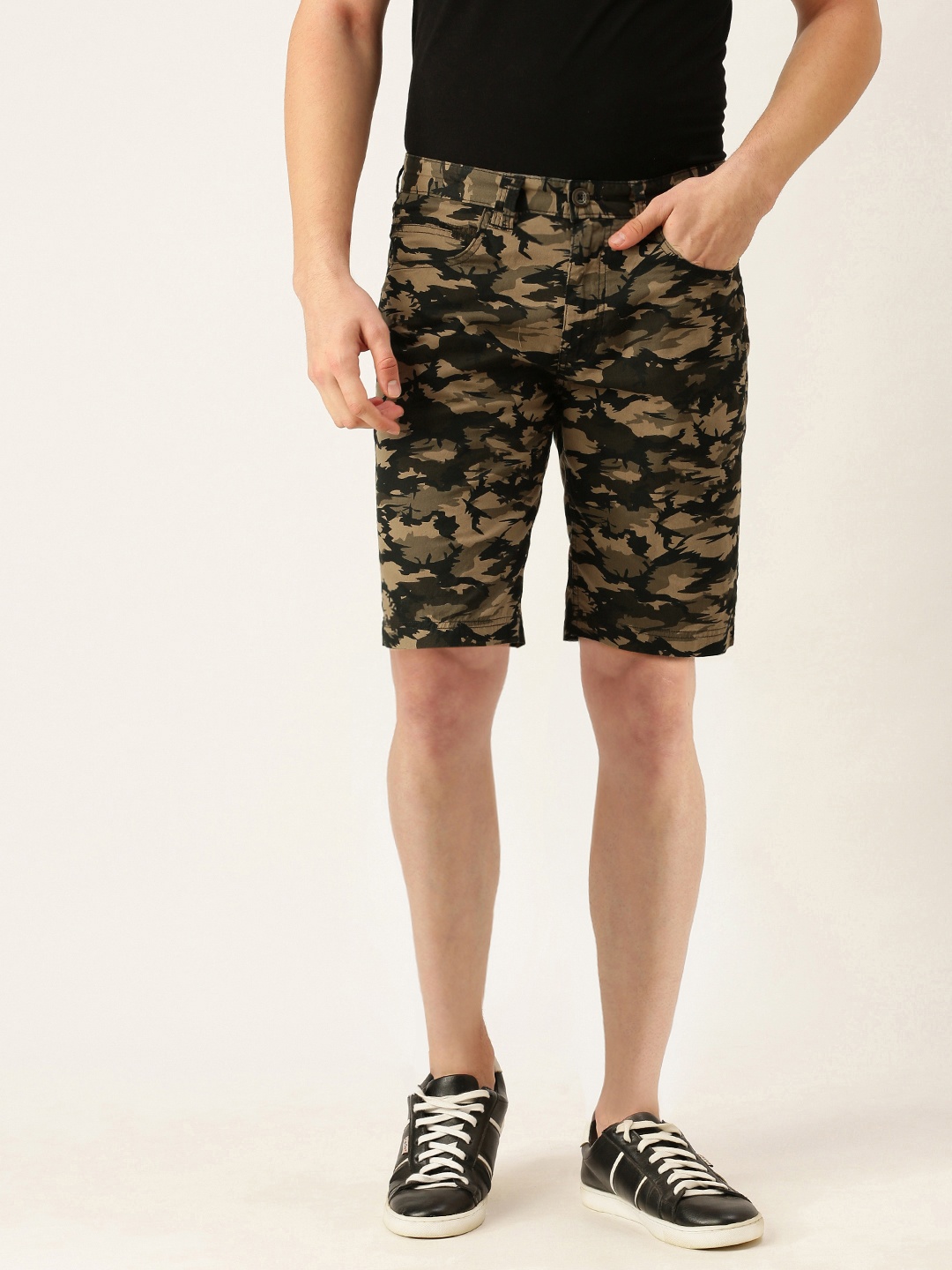 

IVOC Men Khaki & Black Cotton Camouflage Printed Slim Fit Chino Shorts