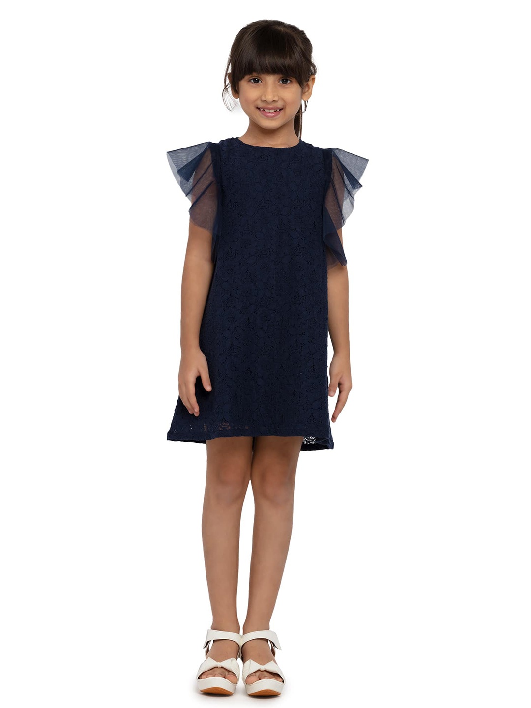 

UNDER FOURTEEN ONLY Navy Blue Self Design Lace A-Line Dress