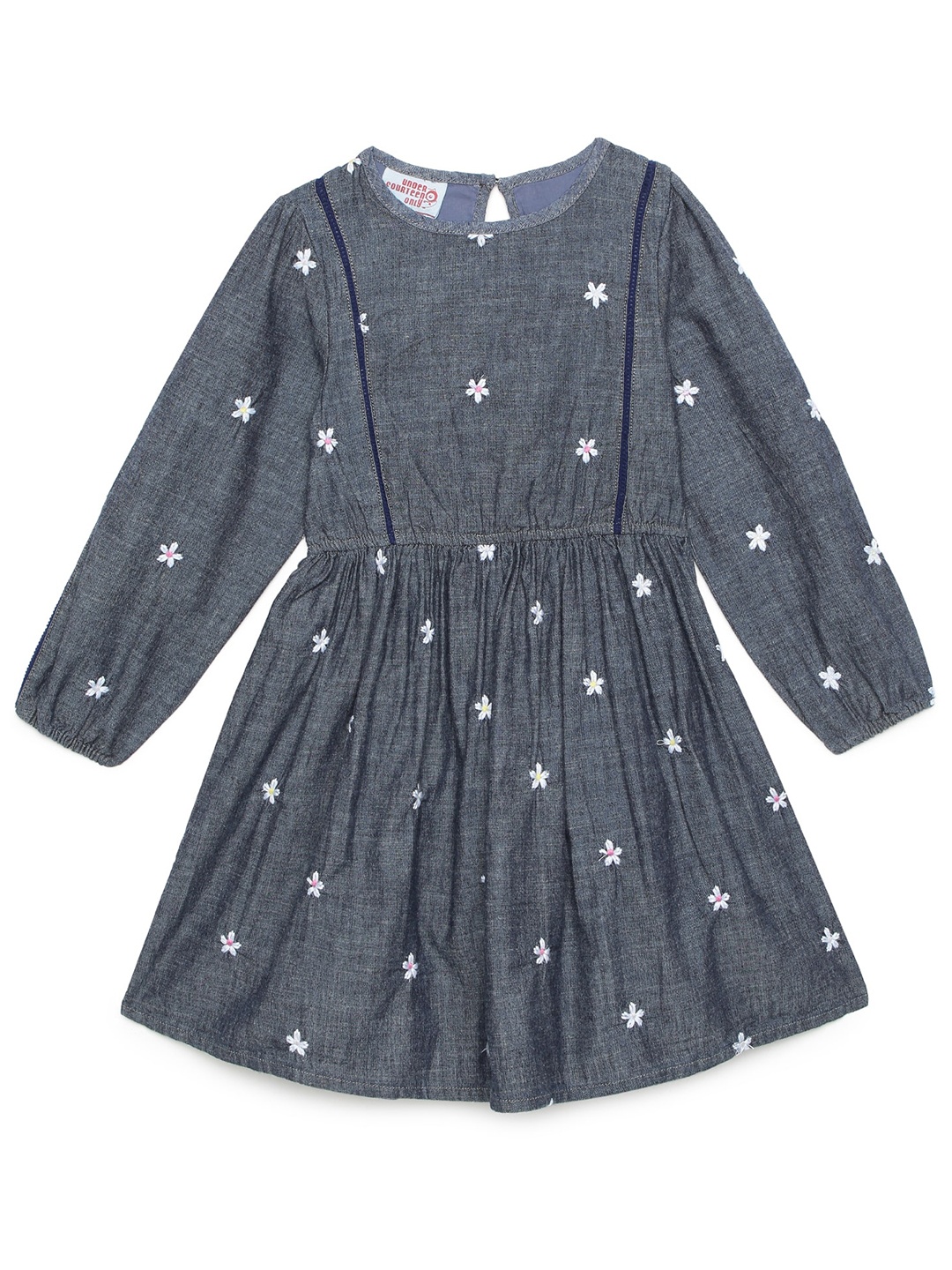 

UNDER FOURTEEN ONLY Girls Navy Blue & White Floral Round Neck Fit & Flare Dress