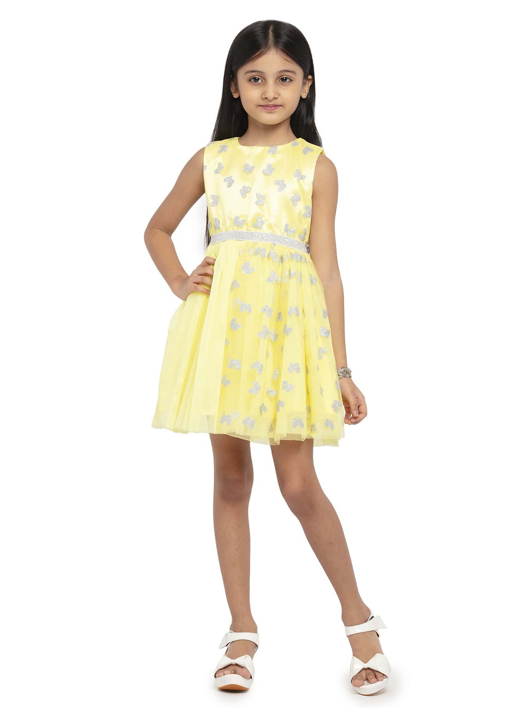 

UNDER FOURTEEN ONLY Girls Yellow Floral Net Fit and Flare Dress