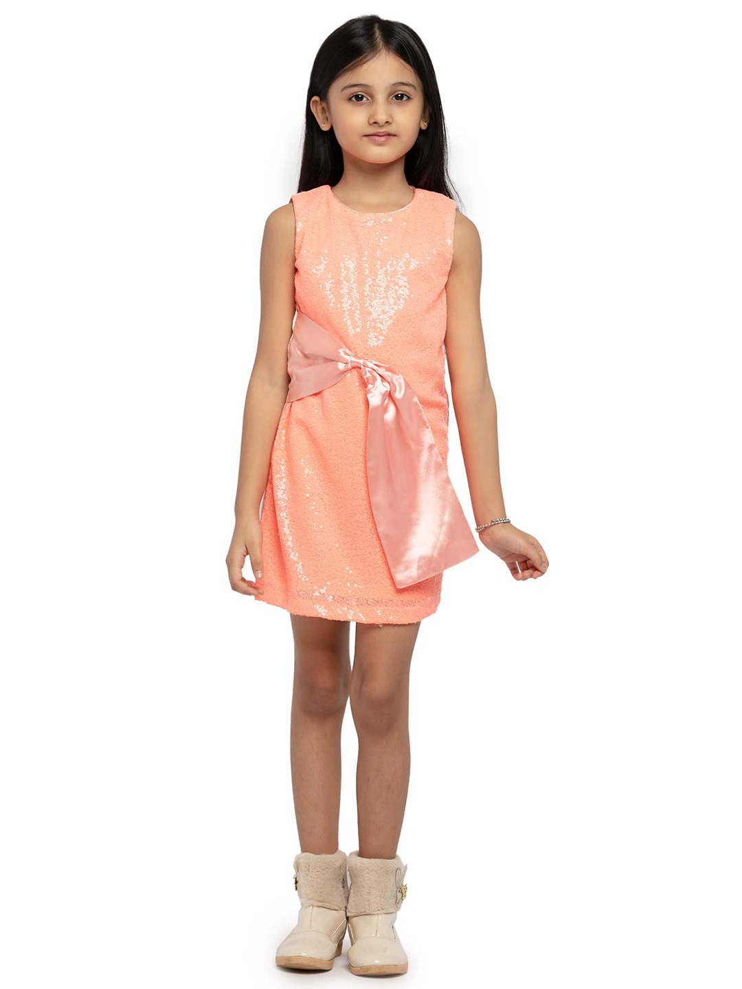 

UNDER FOURTEEN ONLY Peach-Coloured Net Sequined A-Line Dress