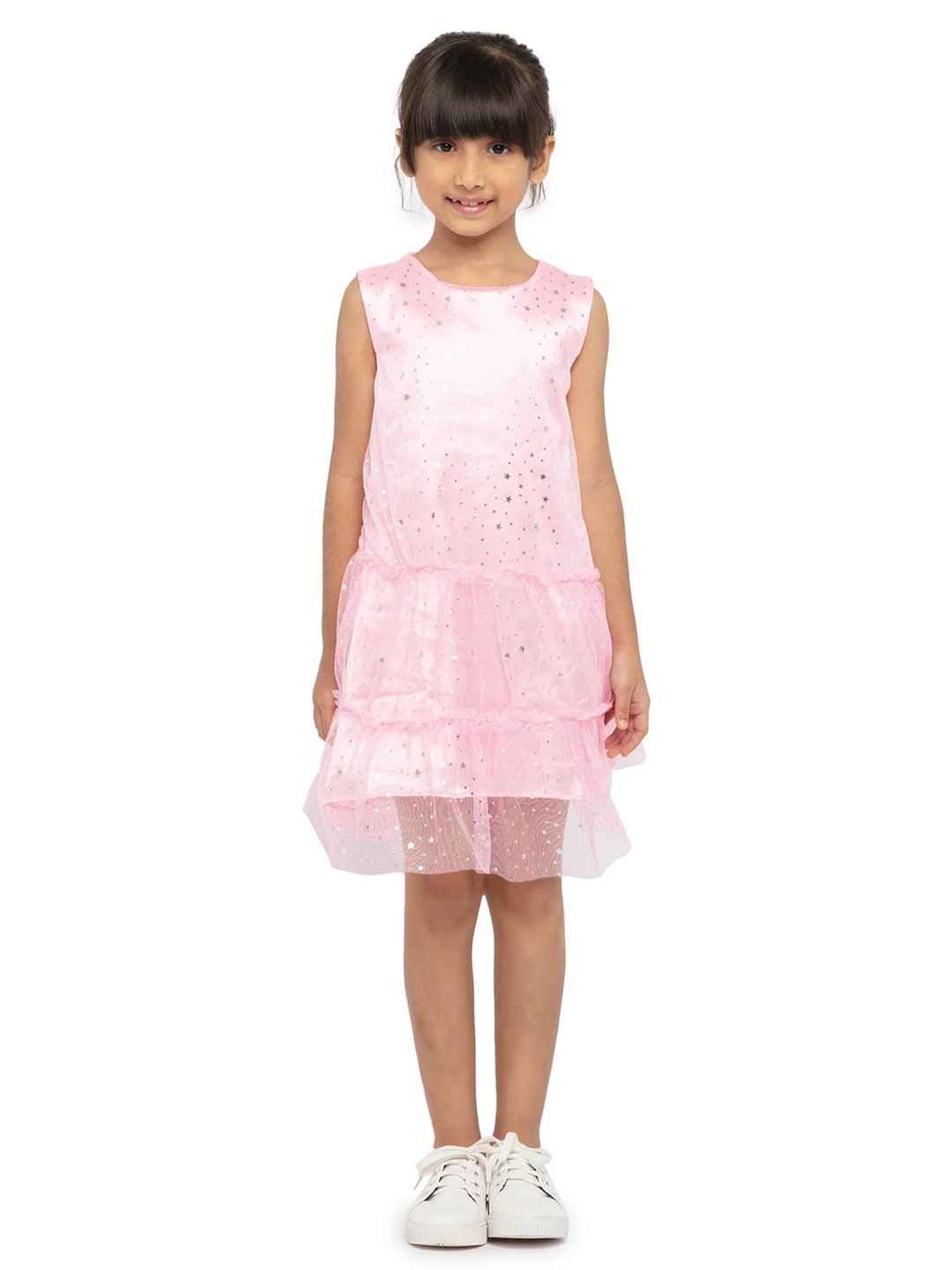 

UNDER FOURTEEN ONLY Girls Pink & Silver-Toned Embellished Round Neck Drop-Waist Dress