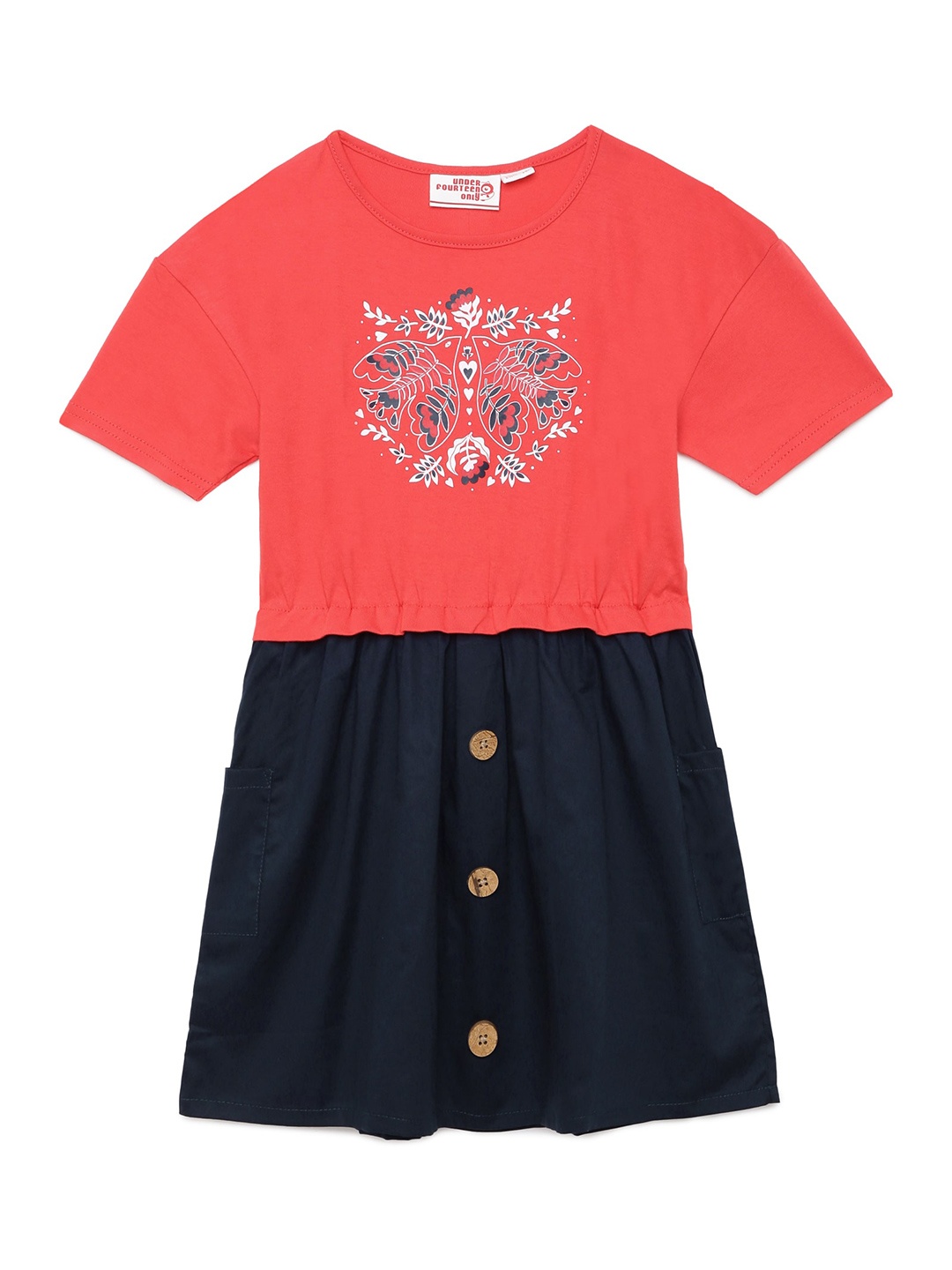 

UNDER FOURTEEN ONLY Peach-Coloured & Navy Blue Cotton Floral Dress