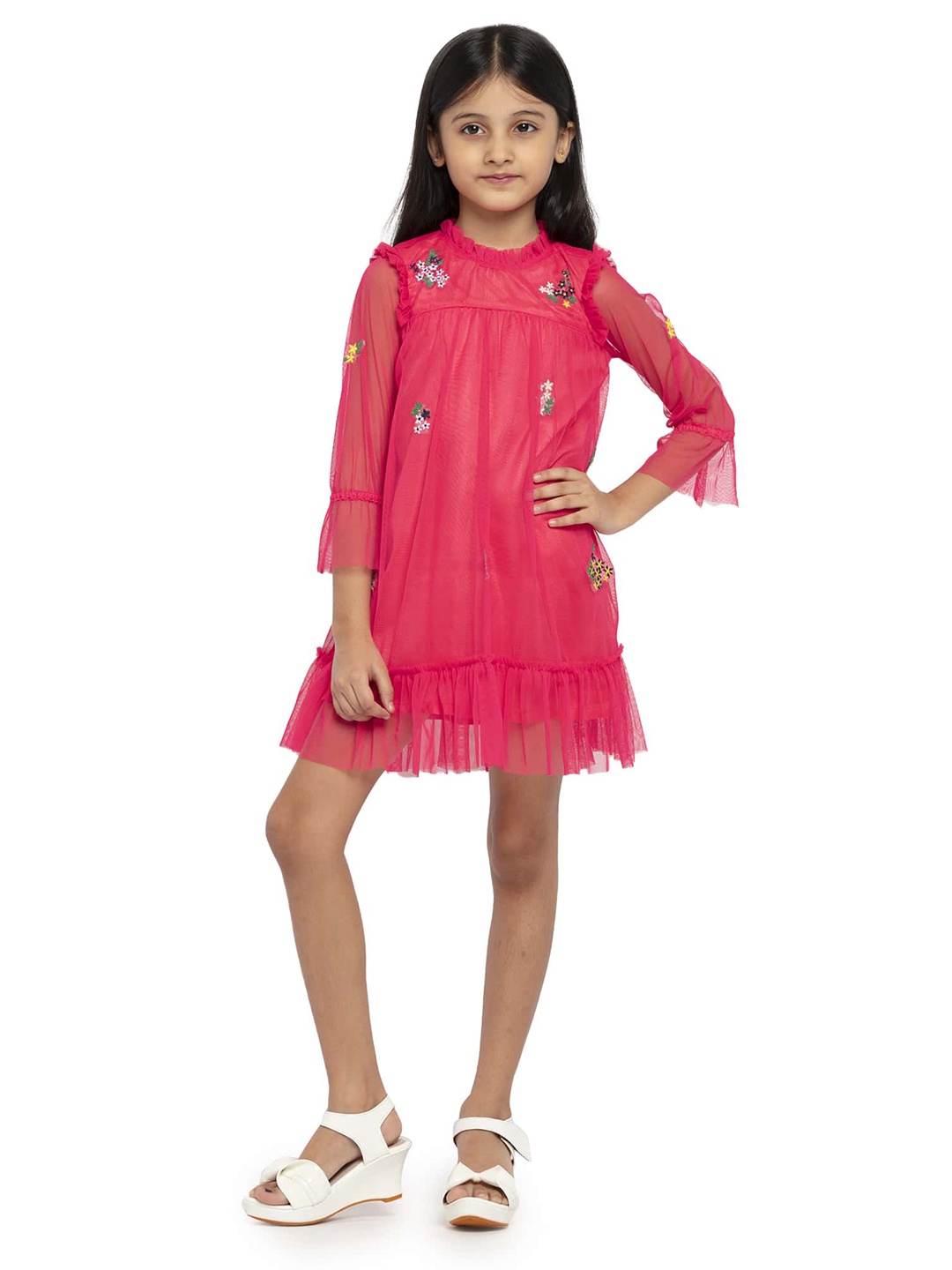 

UNDER FOURTEEN ONLY Girls Pink Floral Embroidered Net A-Line Dress