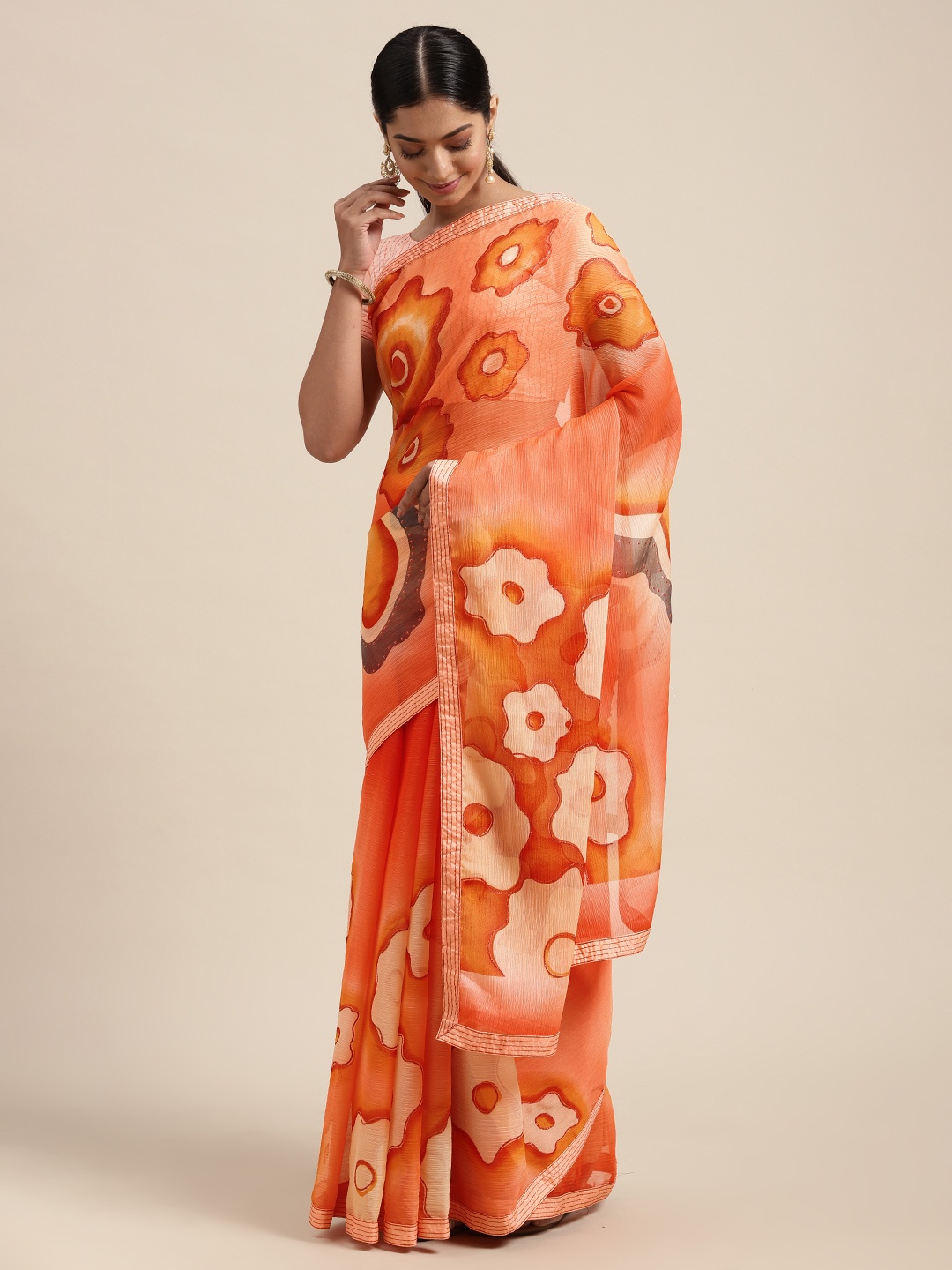 

Mitera Red Floral Pure Chiffon Saree