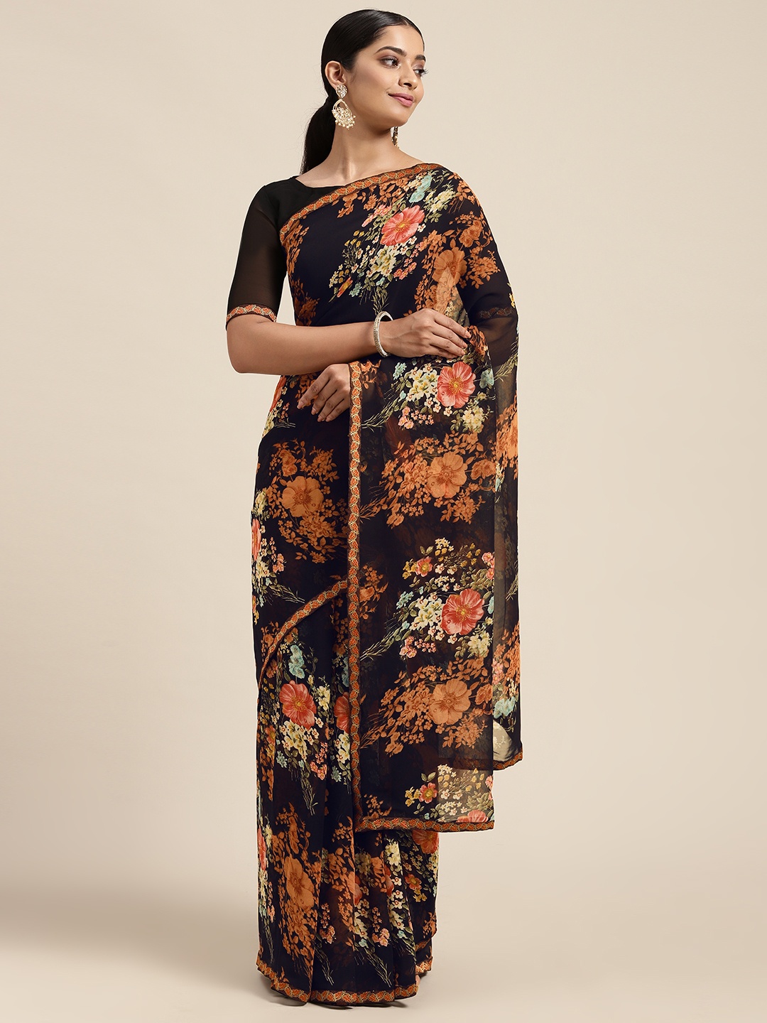 

Mitera Black Floral Pure Georgette Saree