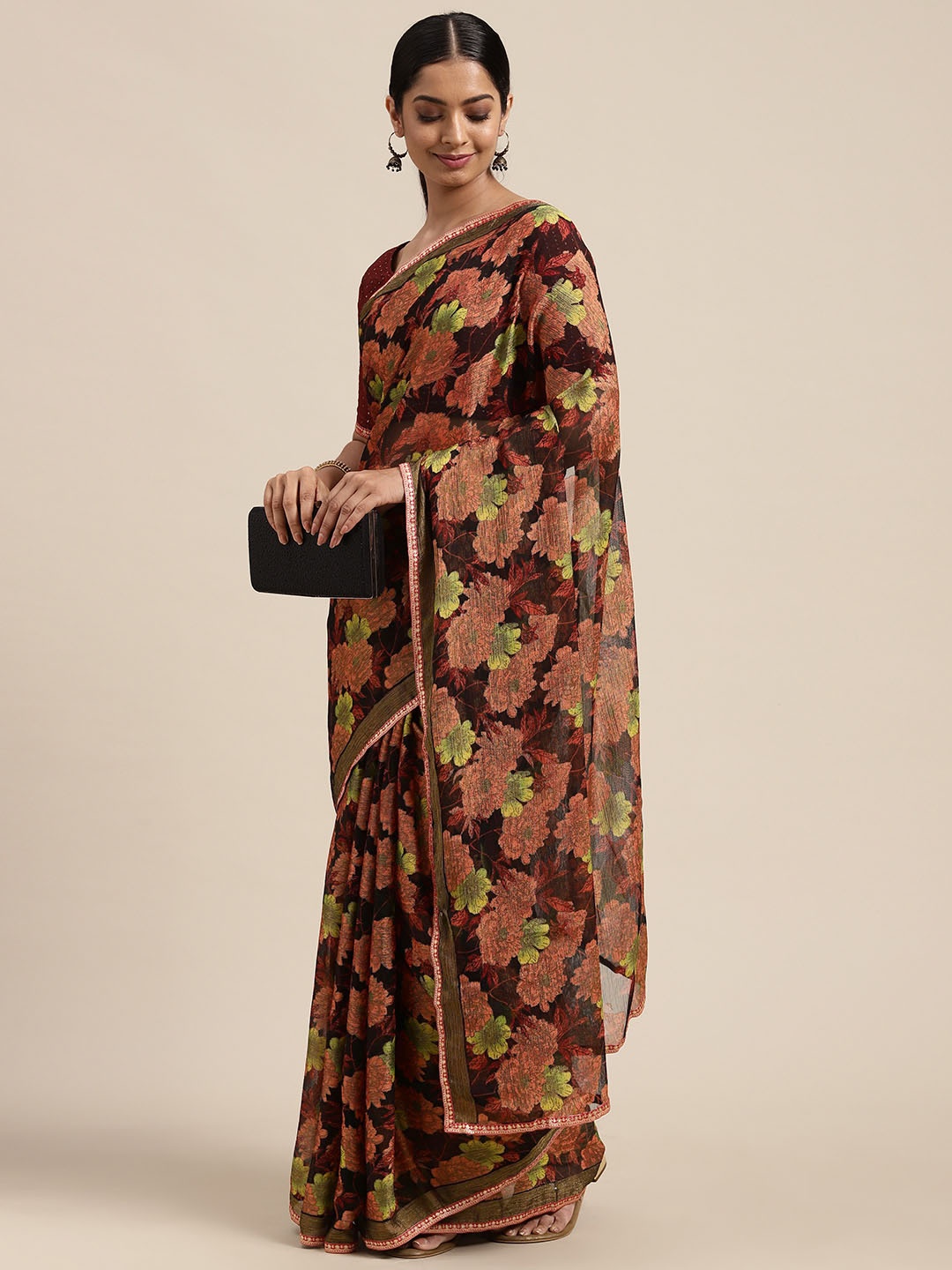 

Mitera Black & Maroon Floral Brasso Saree
