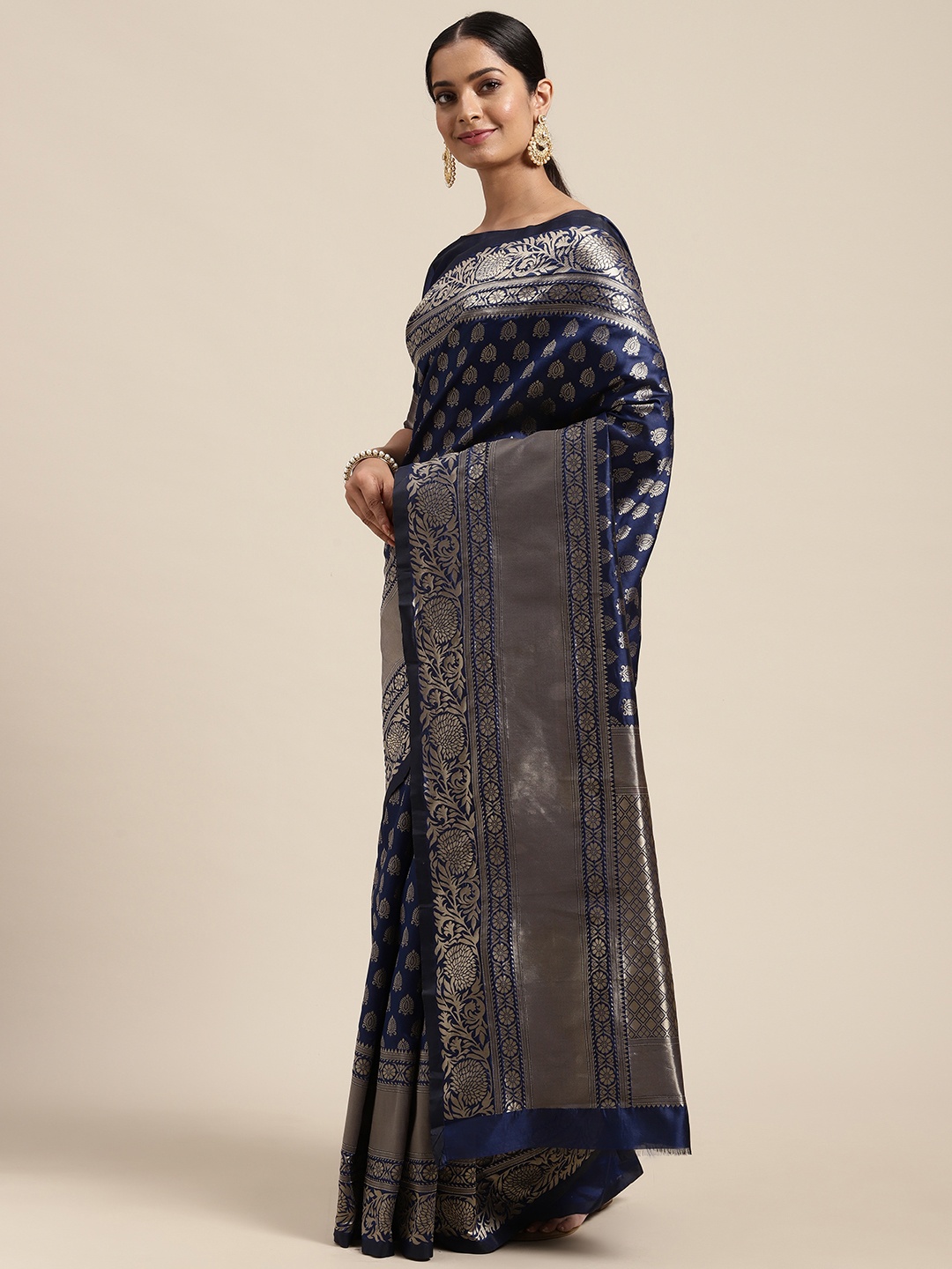 

Mitera Navy Blue & Silver-Toned Ethnic Motifs Silk Blend Saree