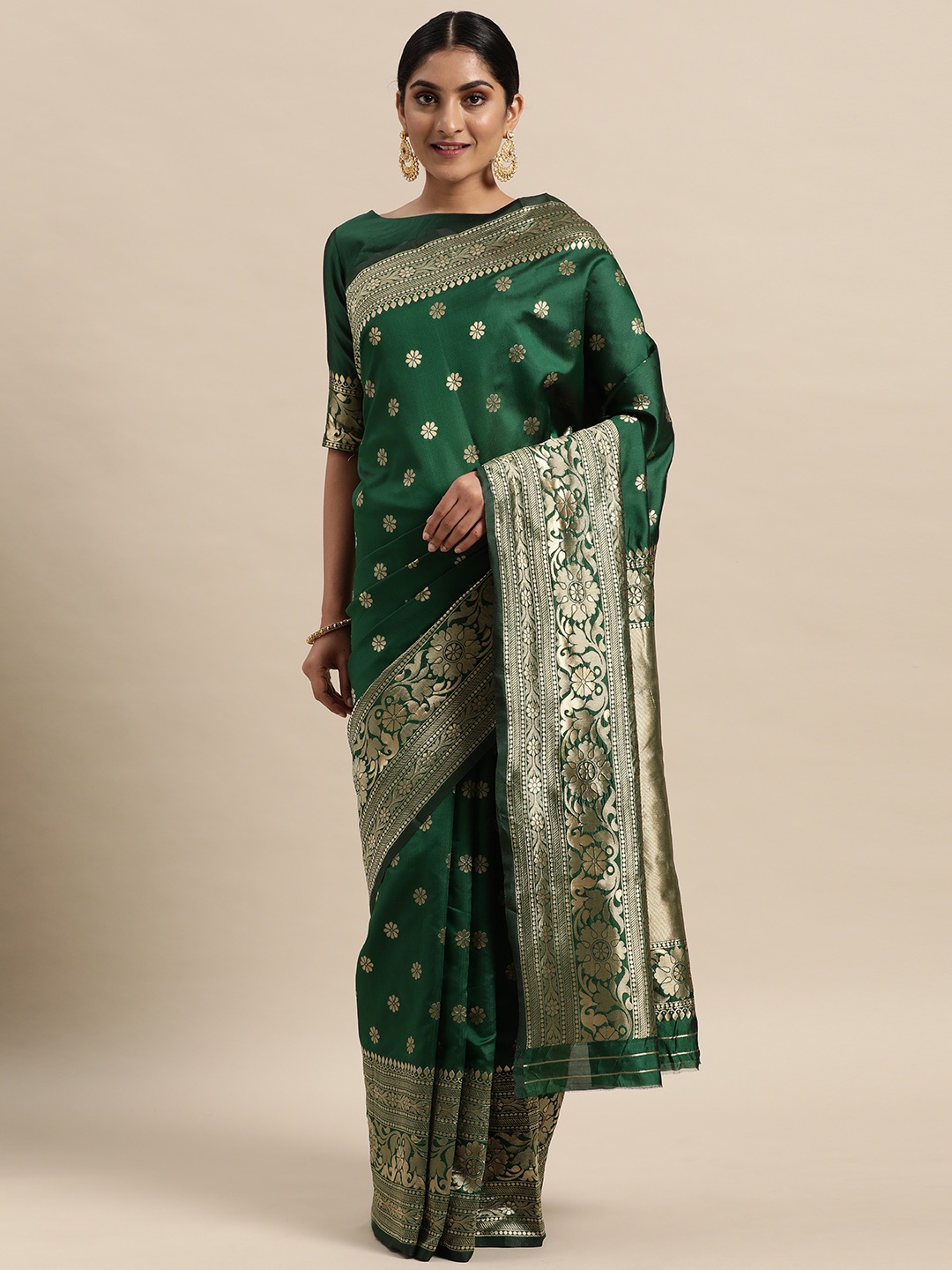 

Mitera Green & Gold-Toned Floral Silk Blend Saree