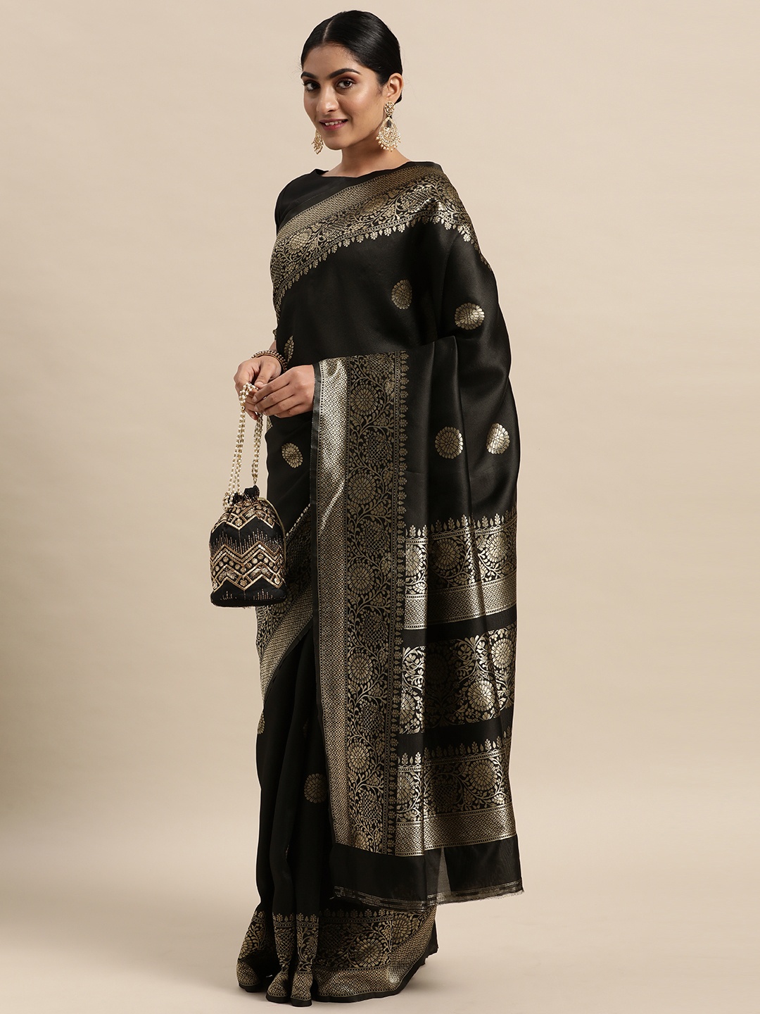 

Mitera Black & Silver-Toned Ethnic Motifs Silk Blend Saree