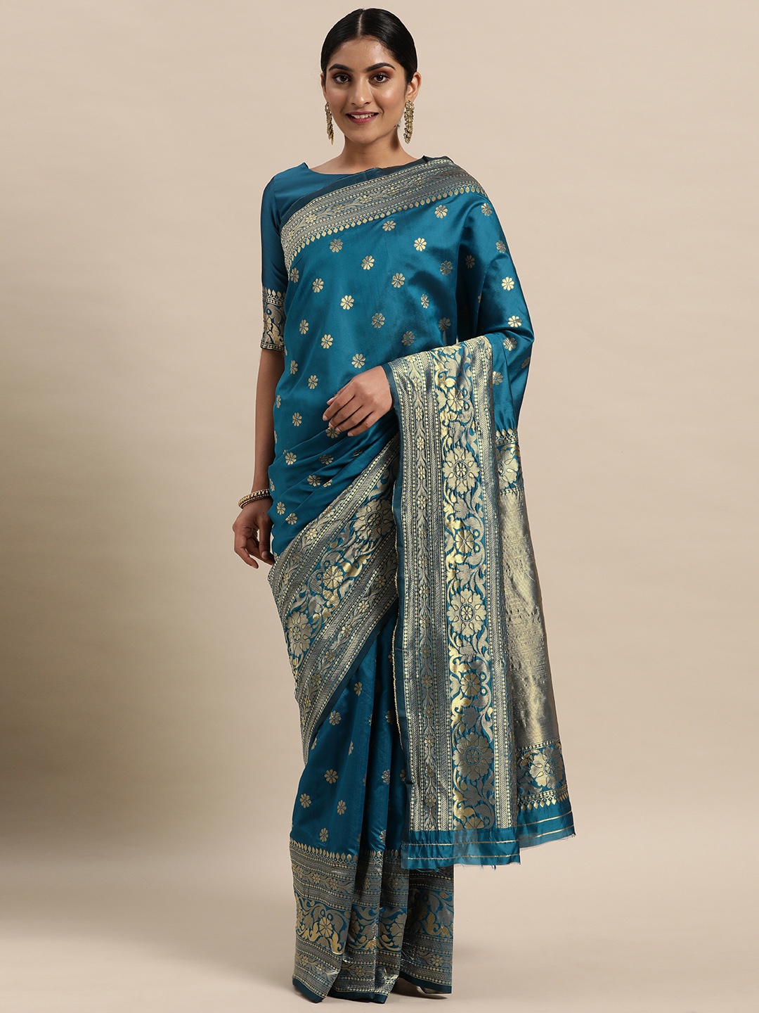 

Mitera Turquoise Blue & Gold-Toned Floral Silk Blend Saree