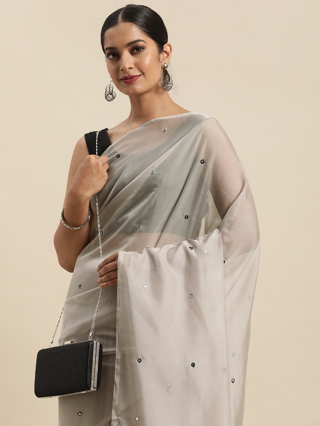 

Anouk Grey Mirror Work Organza Saree