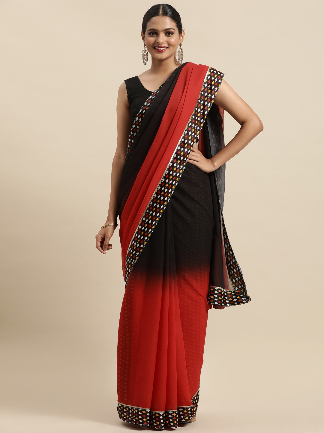 

Anouk Black & Red Tie and Dye Pure Georgette Saree