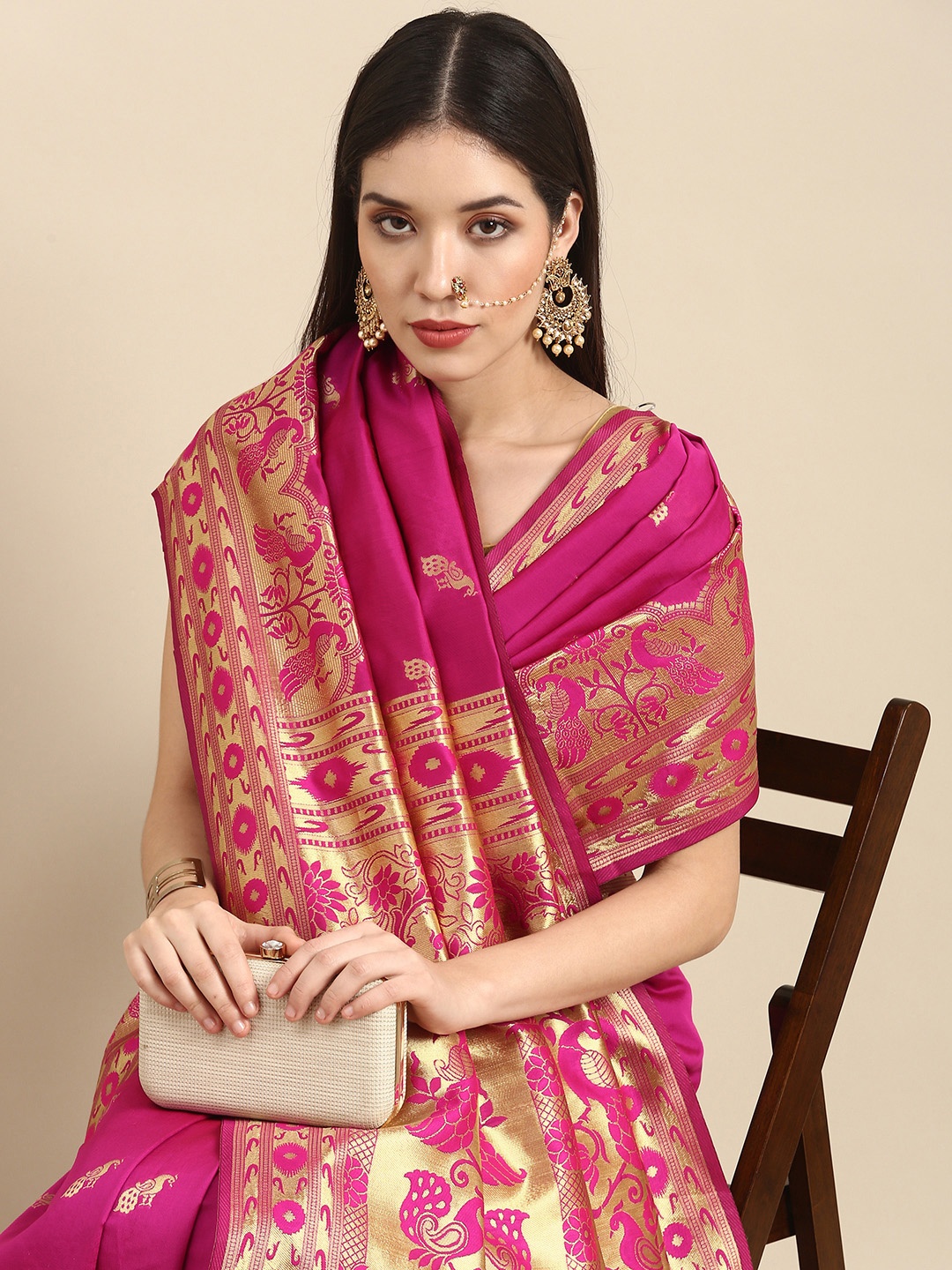 

Anouk Pink Woven Design Zari Silk Blend Heavy Work Banarasi Saree