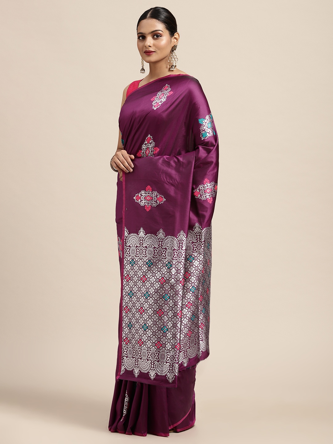 

Anouk Purple & Silver-Toned Woven Design Zari Silk Blend Banarasi Saree