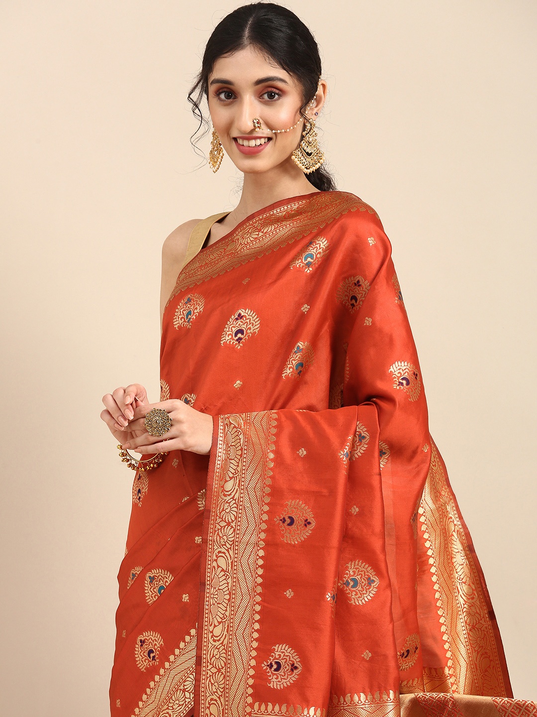 

Anouk Orange Woven Design Silk Blend Banarasi Saree
