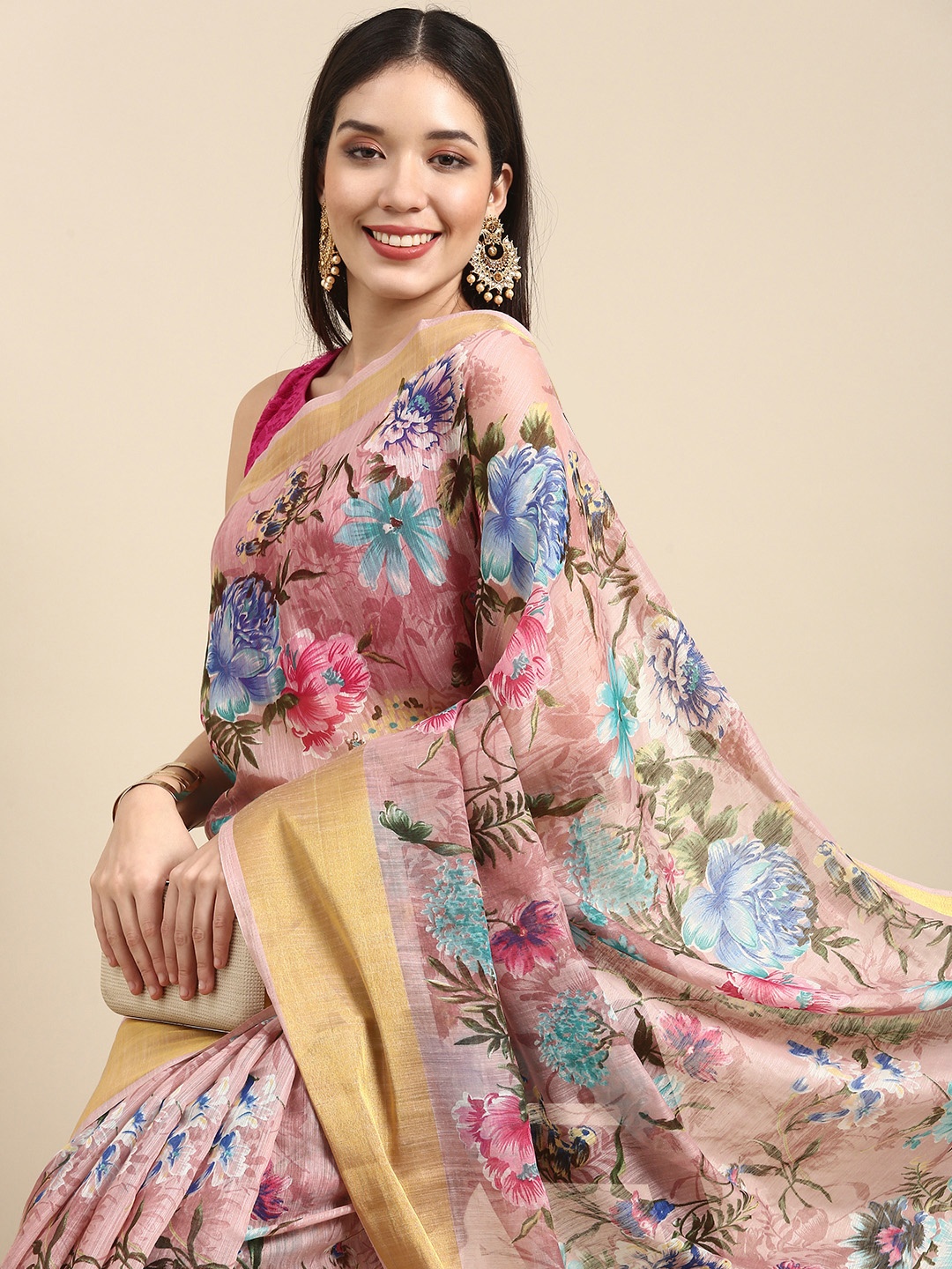 

Anouk Pink Floral Printed Linen Blend Saree