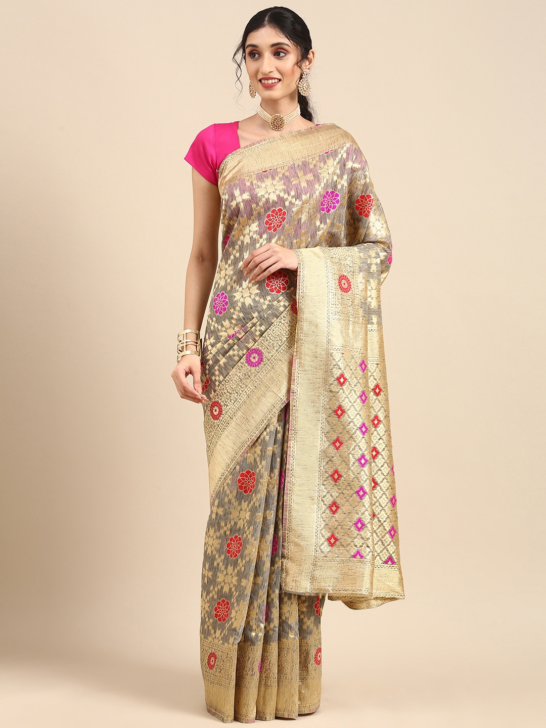 

Anouk Grey & Beige Woven Design Silk Blend Banarasi Saree