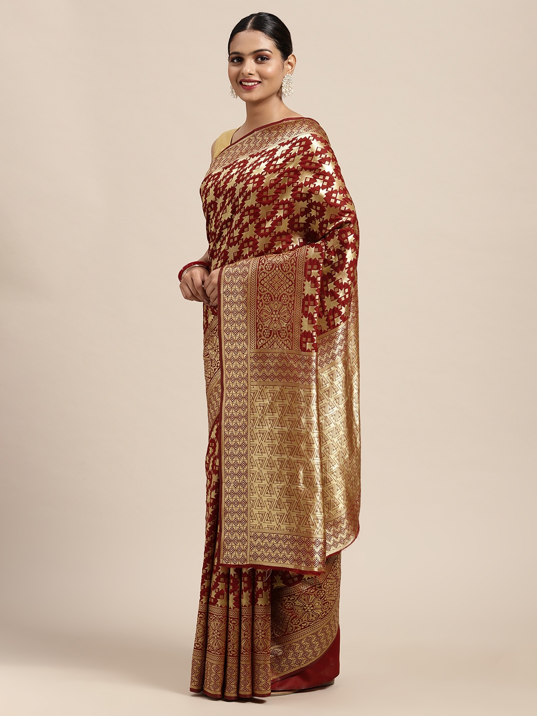 

Anouk Maroon & Gold-Toned Zari Pure Silk Saree