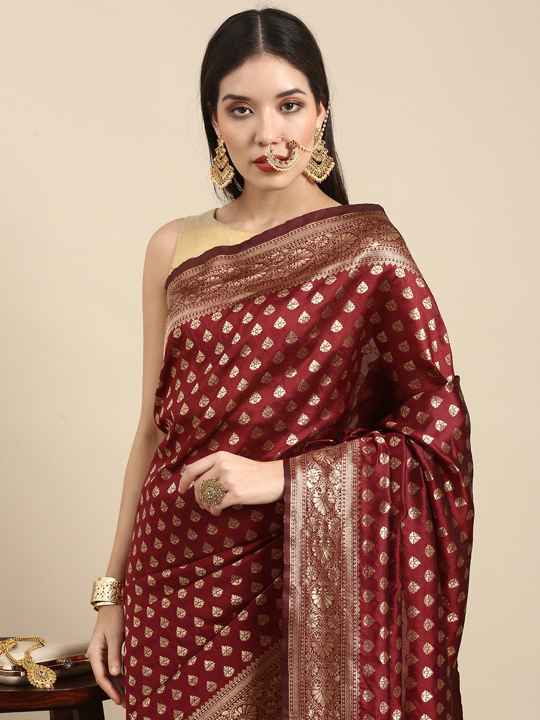 

Anouk Maroon & Gold-Toned Woven Design Zari Pure Silk Heavy Work Banarasi Saree