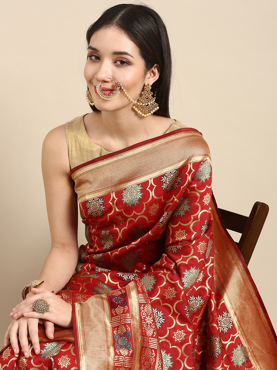 

Anouk Red Woven Design Zari Pure Silk Heavy Work Banarasi Saree