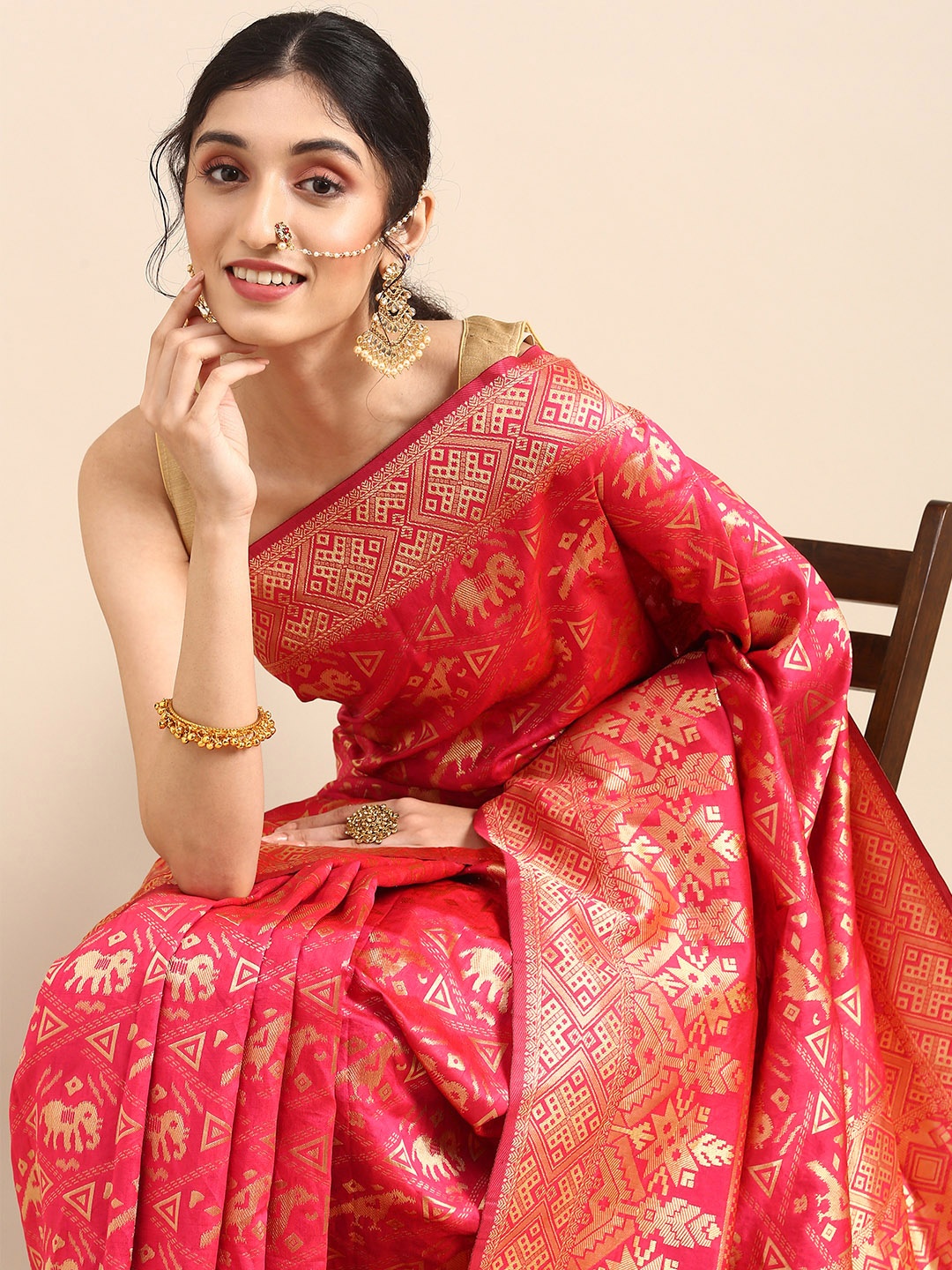 

Anouk Red & Gold-Coloured Ethnic Motifs Pure Silk Saree