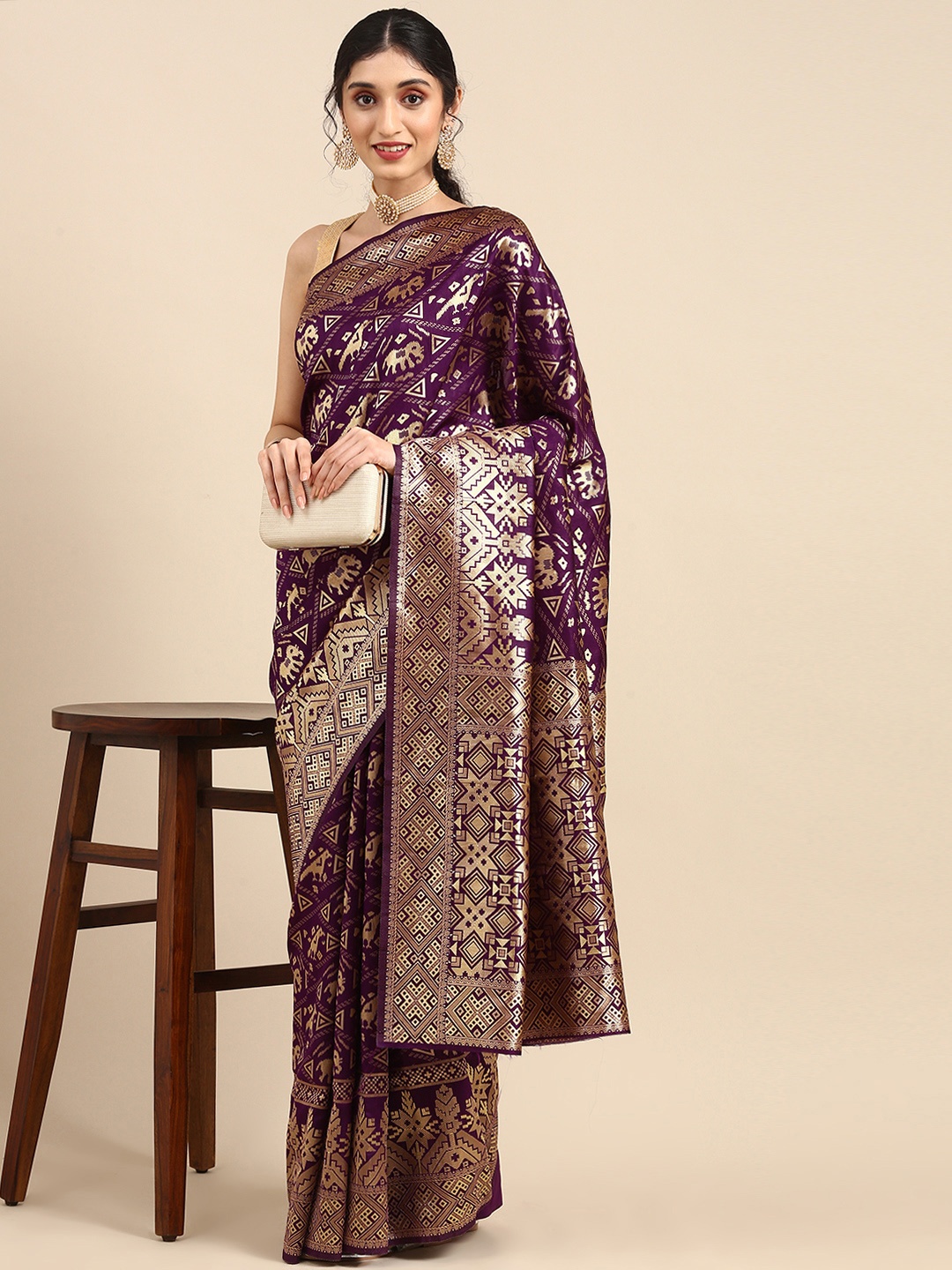 

Anouk Purple & Gold-Coloured Ethnic Motifs Pure Silk Saree