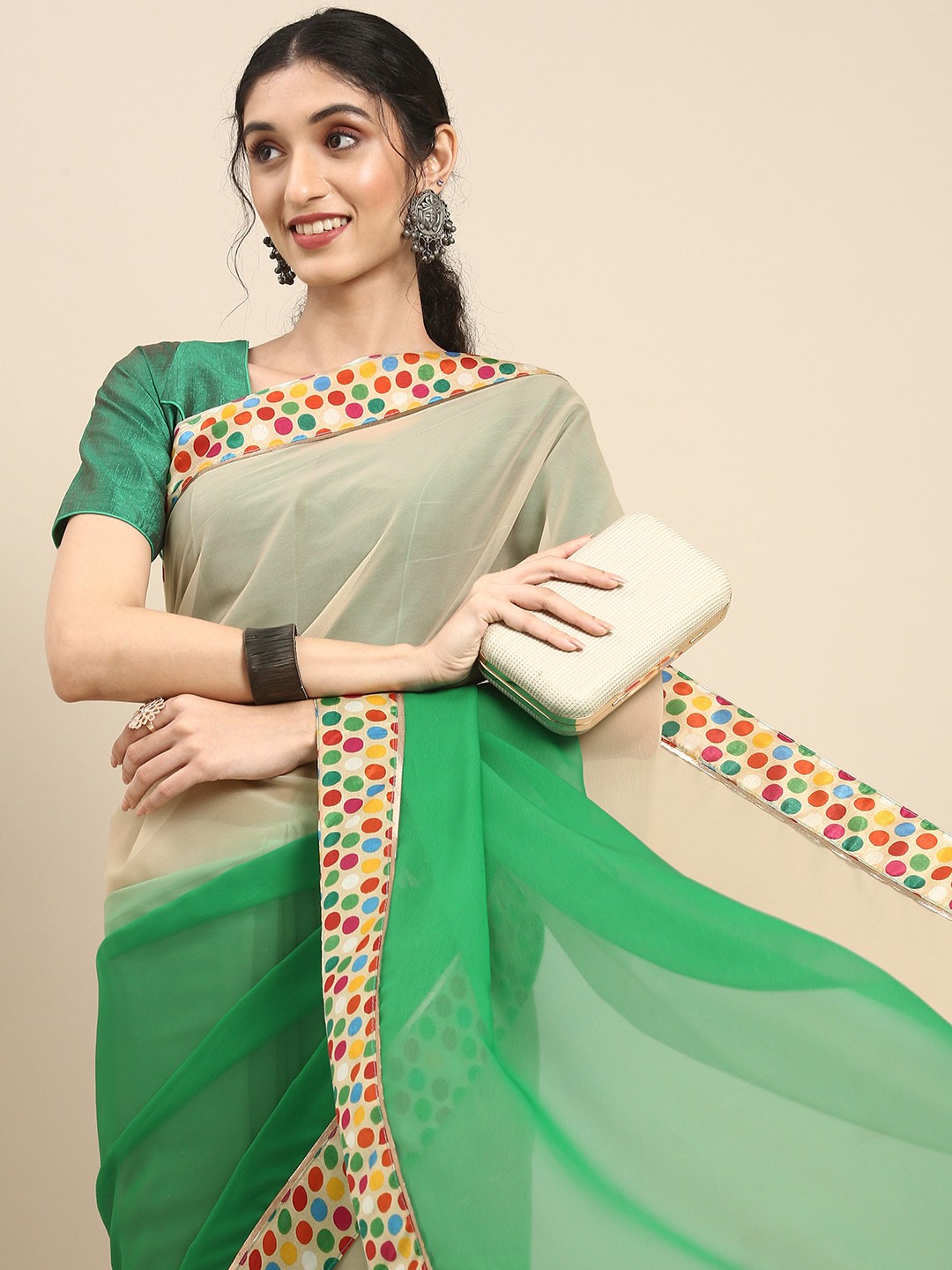 

Anouk Green & Beige Tie and Dye Pure Georgette Saree
