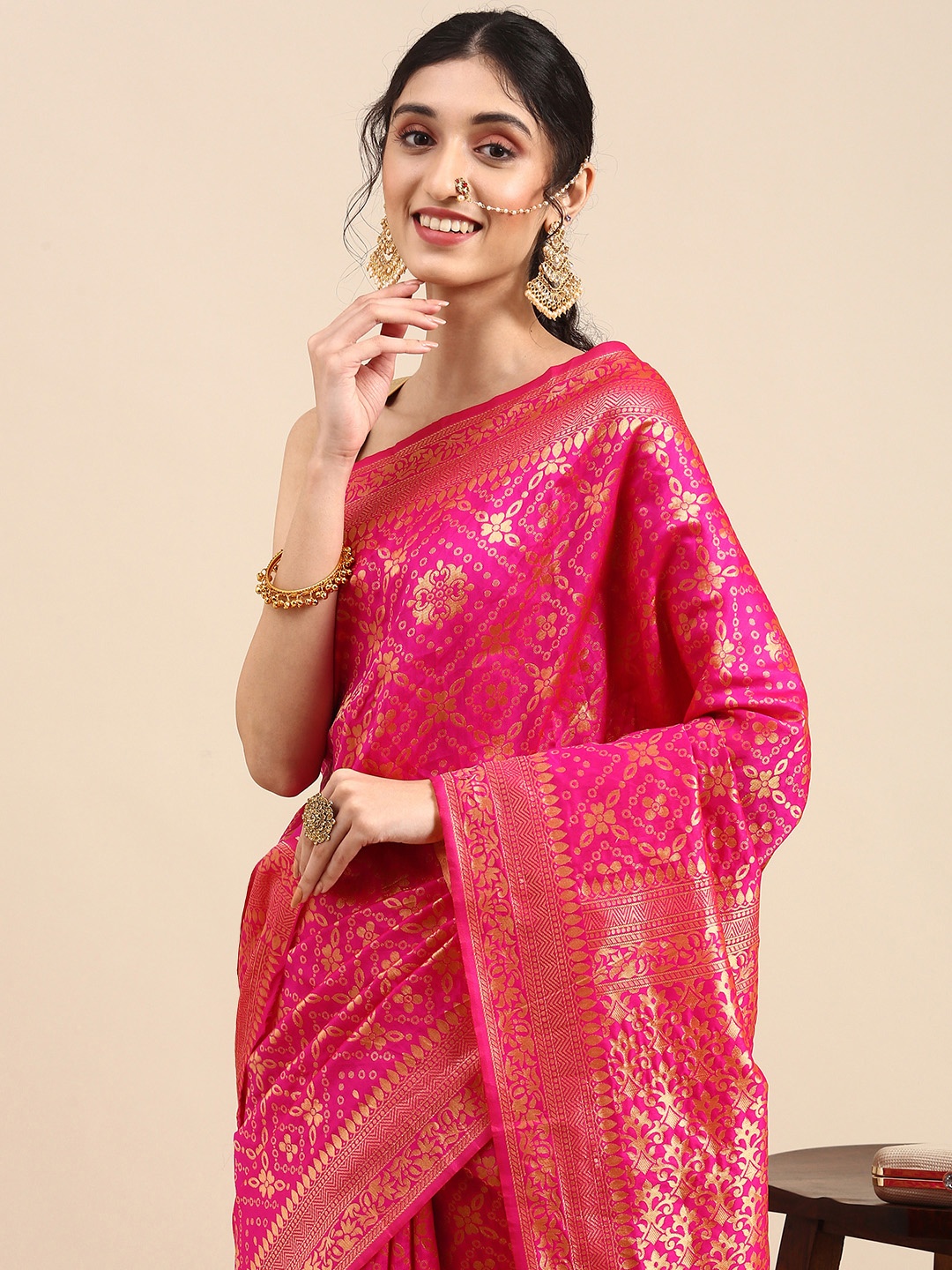 

Anouk Pink & Gold-Coloured Woven Design Pure Silk Banarasi Saree