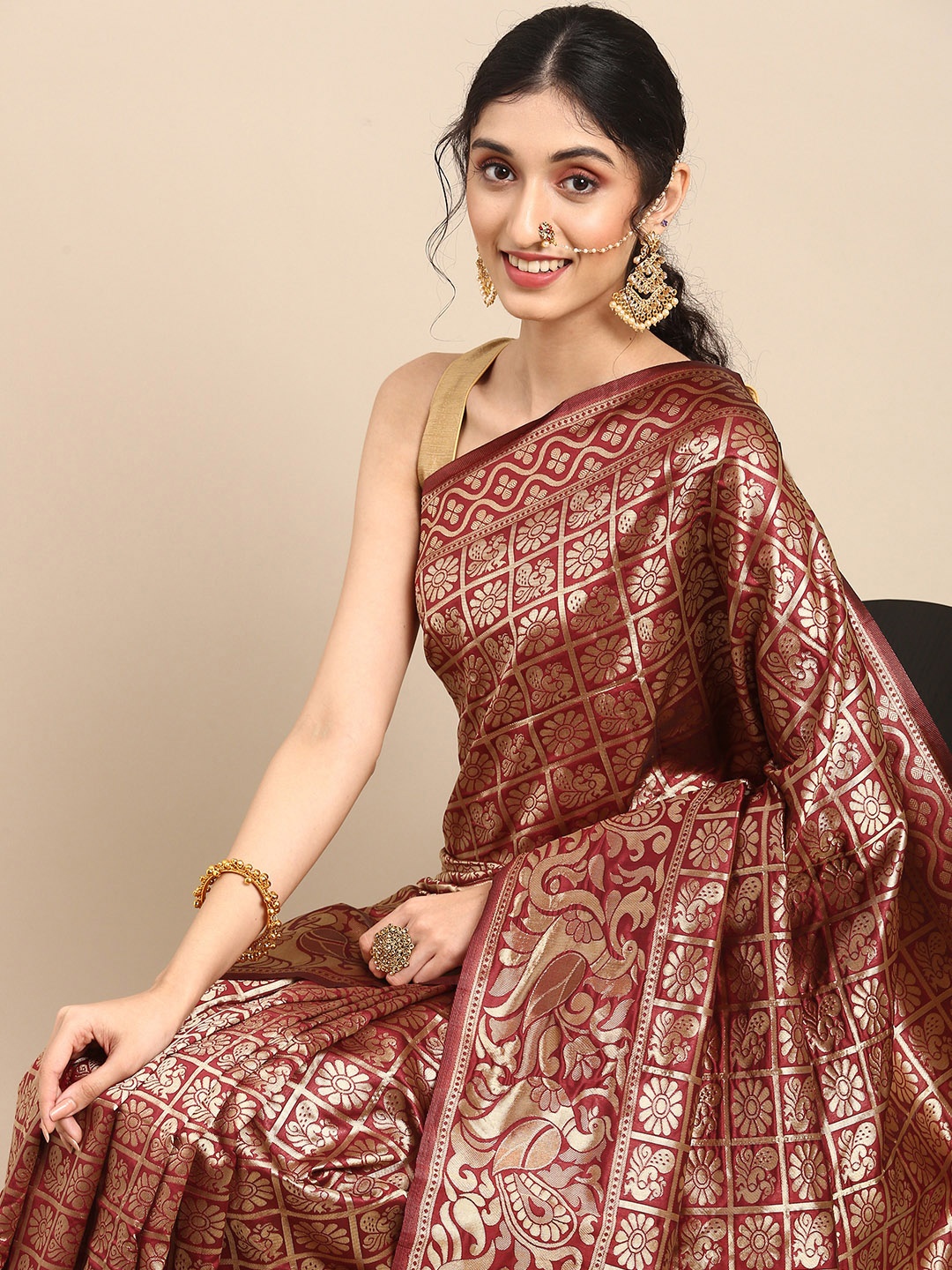 

Anouk Maroon & Gold-Coloured Woven Design Pure Silk Patola Saree