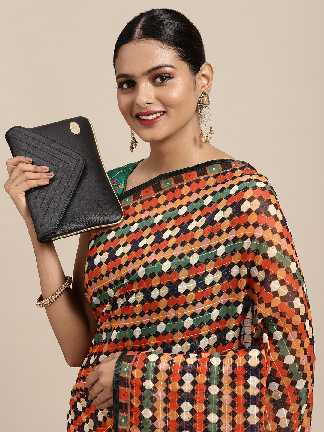 

Anouk Multicoloured Geometric Printed Sequinned Pure Georgette Saree, Multi