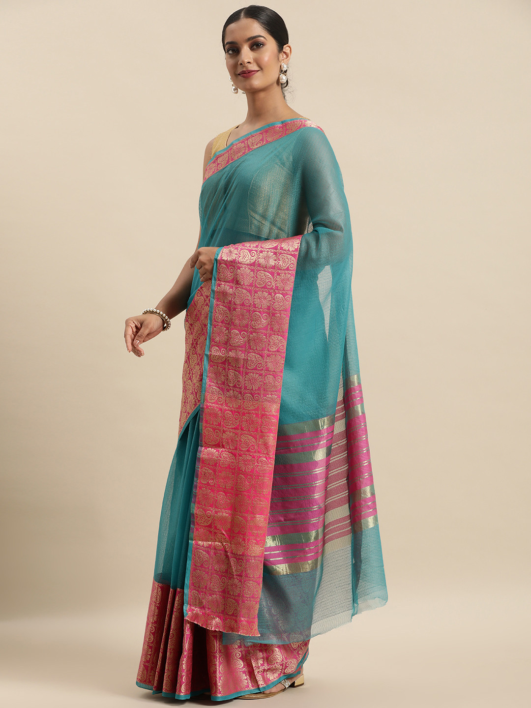 

Anouk Turquoise Blue Ethnic Motifs Zari Pure Cotton Banarasi Saree