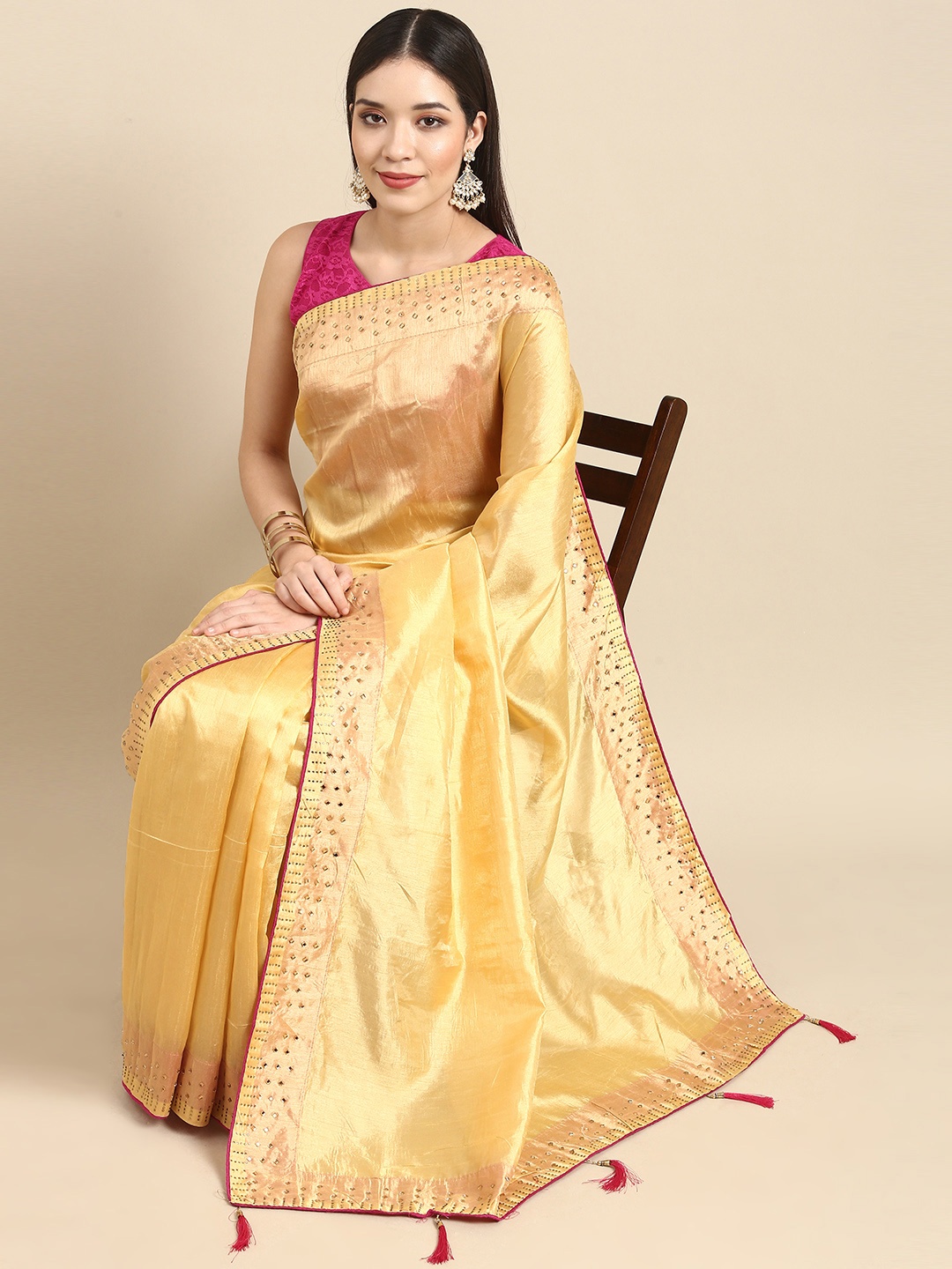 

Anouk Beige Embellished Mirror Work Silk Blend Saree