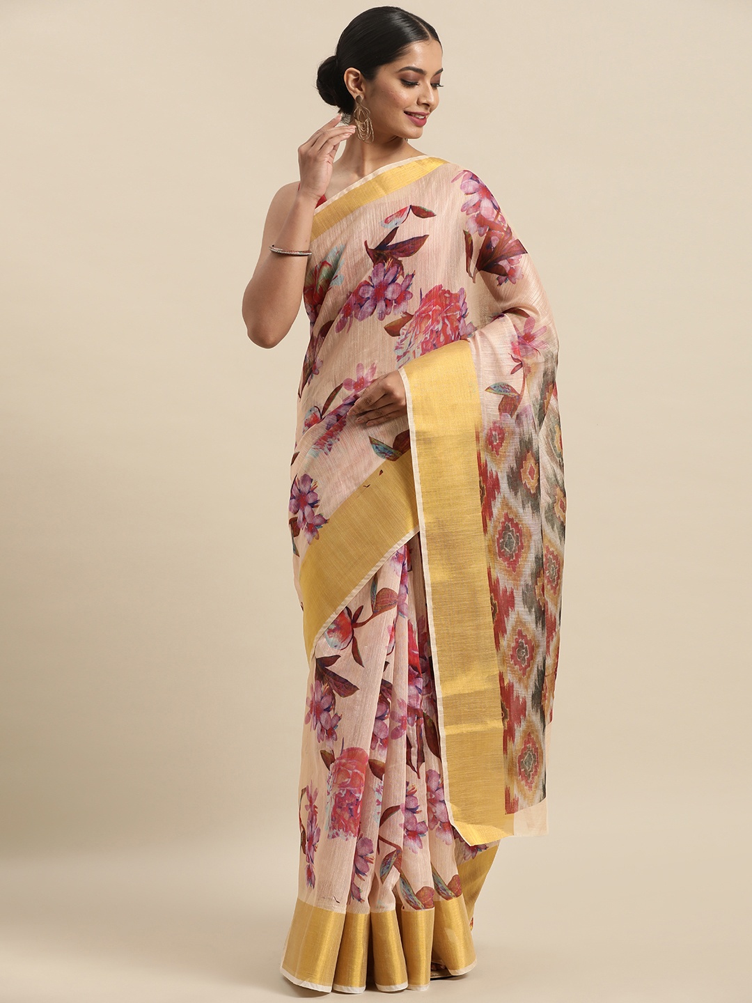 

Anouk Multicoloured Floral Zari Linen Blend Ikat Saree, Multi