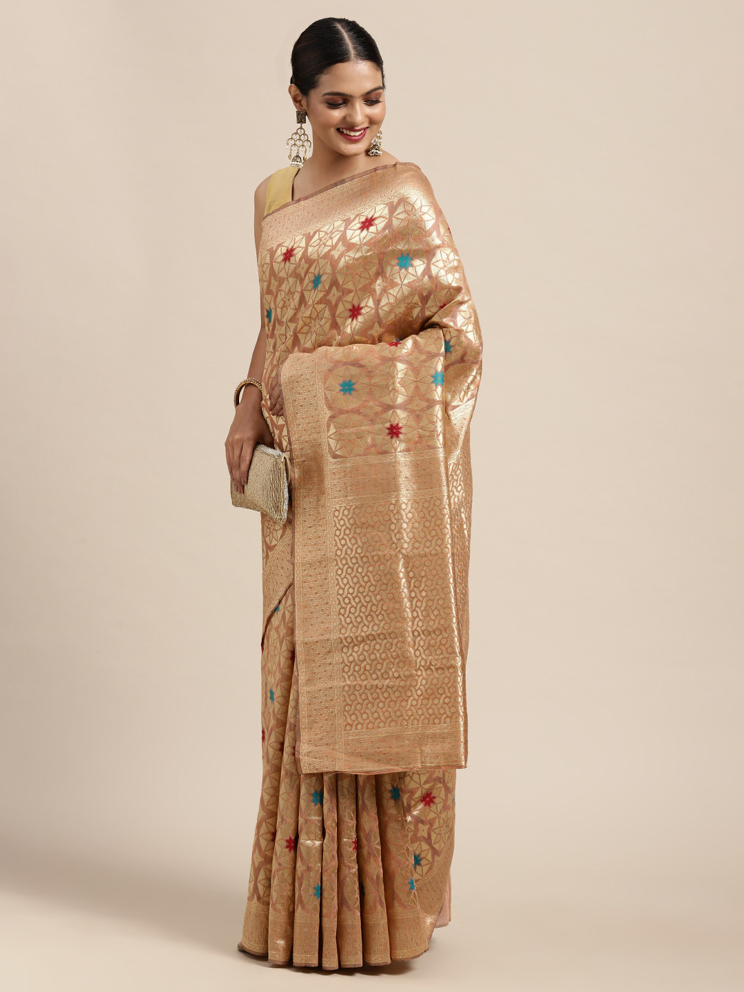 

Anouk Beige & Gold-Toned Ethnic Motifs Zari Silk Blend Banarasi Saree