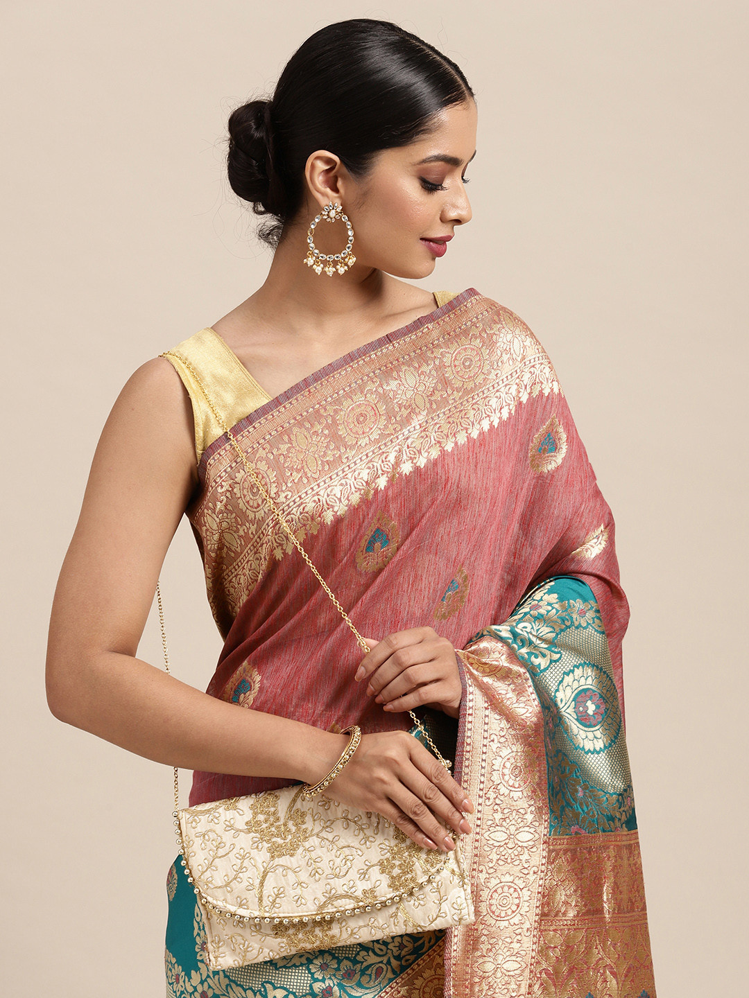 

Anouk Maroon & Teal Blue Ethnic Motifs Zari Pure Silk Banarasi Saree
