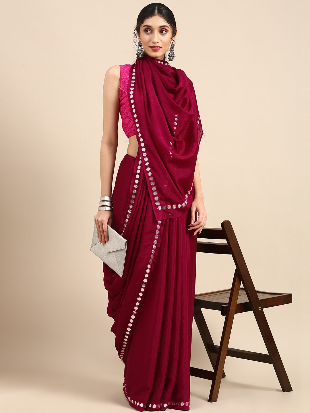 

Anouk Burgundy Mirror Work Silk Blend Saree