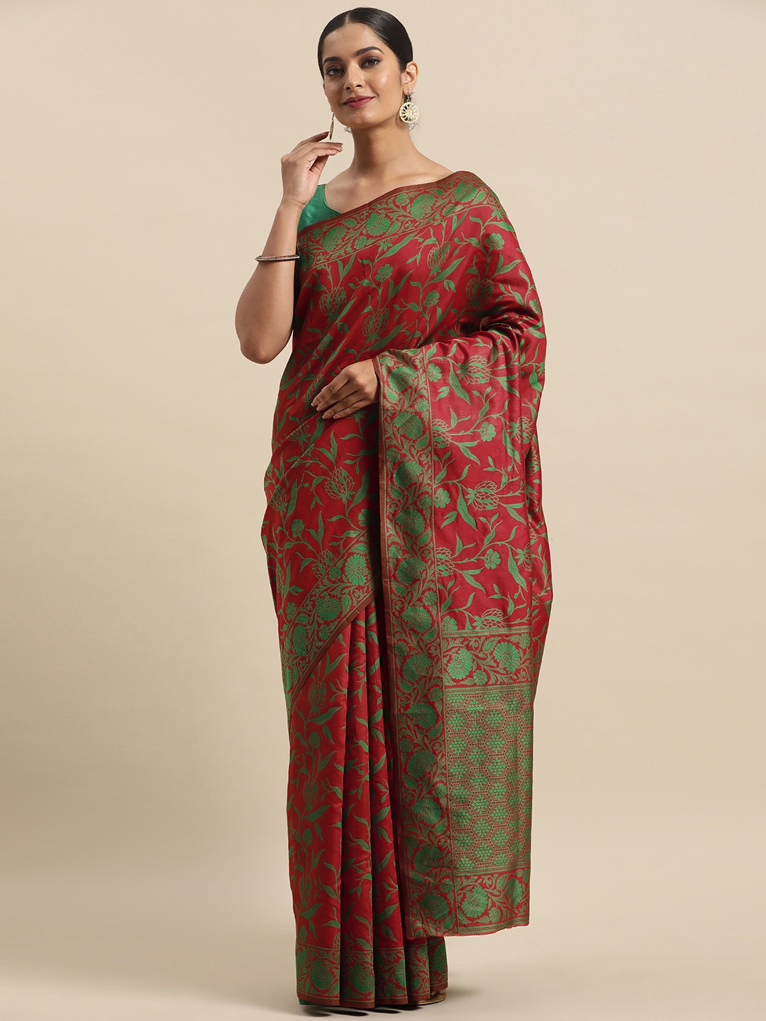 

Anouk Red & Green Ethnic Motifs Zari Silk Blend Saree