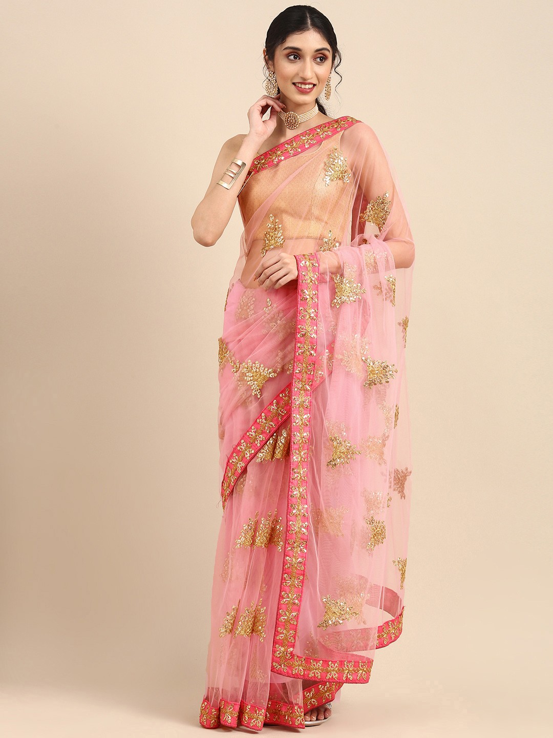 

Anouk Pink Embellished Sequinned Net Saree