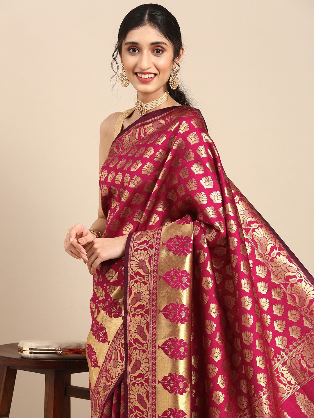 

Anouk Pink & Gold-Toned Woven Design Zari Silk Blend Heavy Work Banarasi Saree