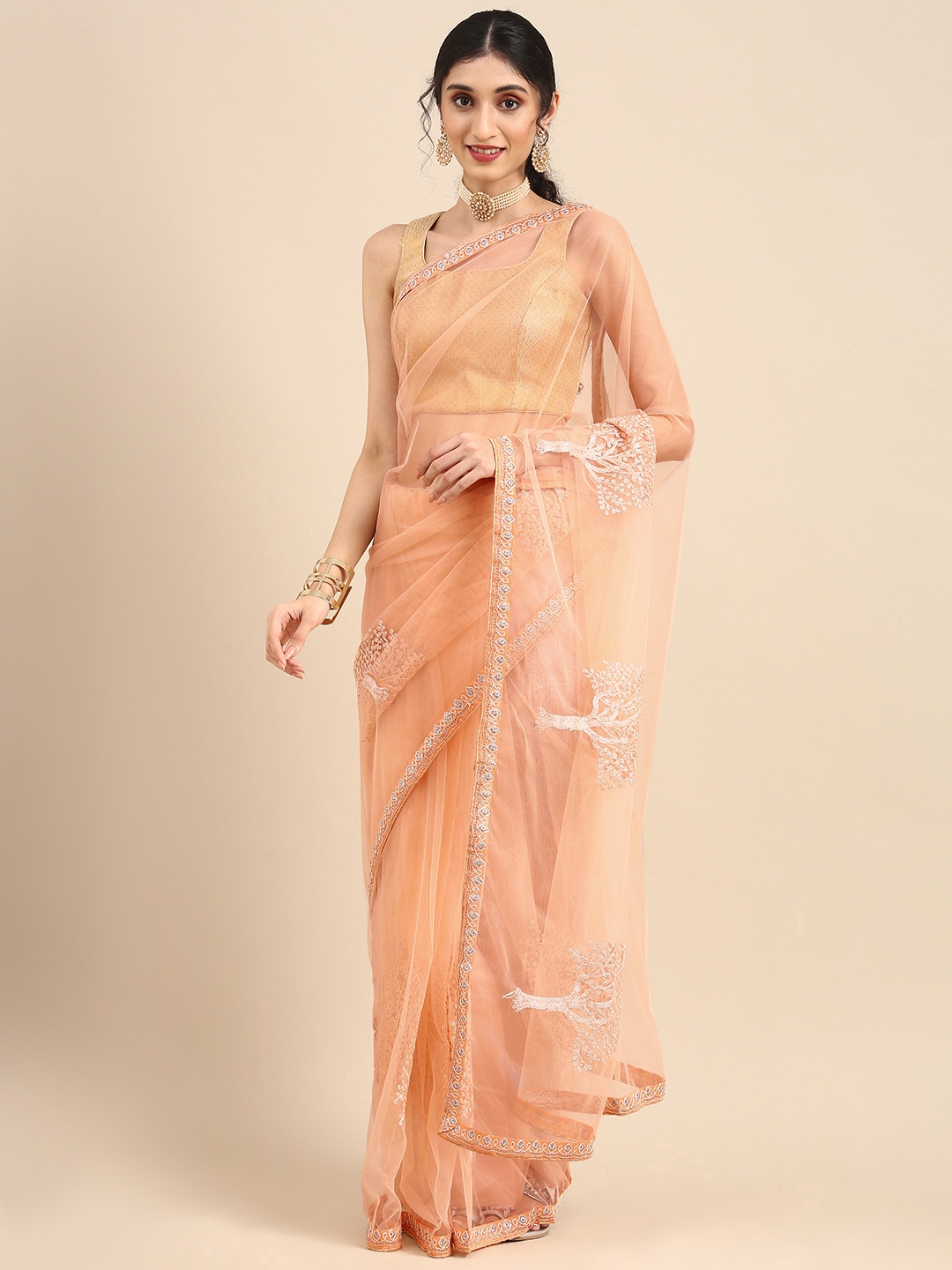 

Anouk Peach-Coloured Embellished Sequinned Supernet Saree