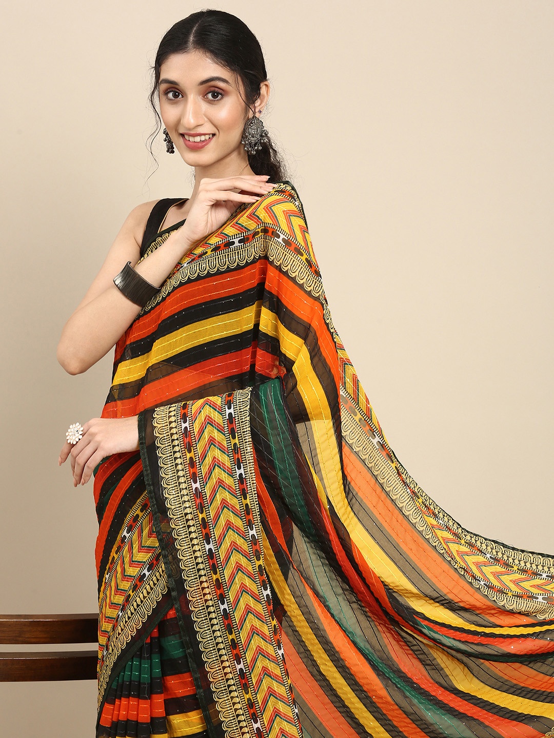 

Anouk Multicoloured Striped Sequinned Pure Georgette Saree, Multi