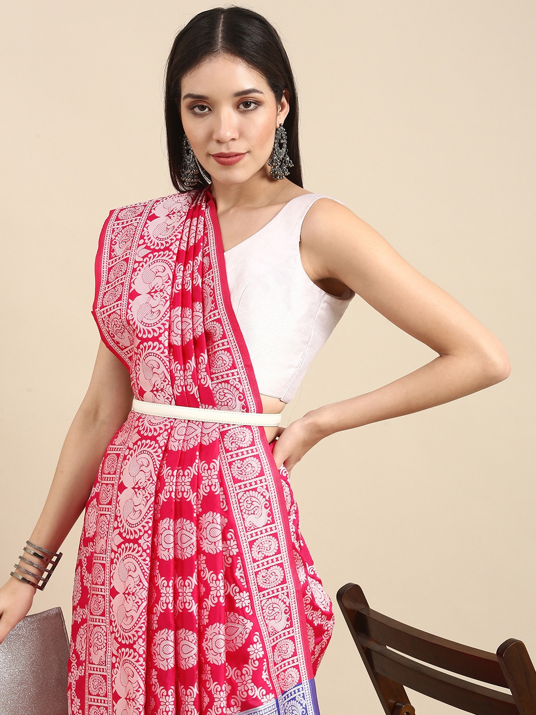 

Anouk Pink Woven Design Zari Pure Silk Heavy Work Patola Saree