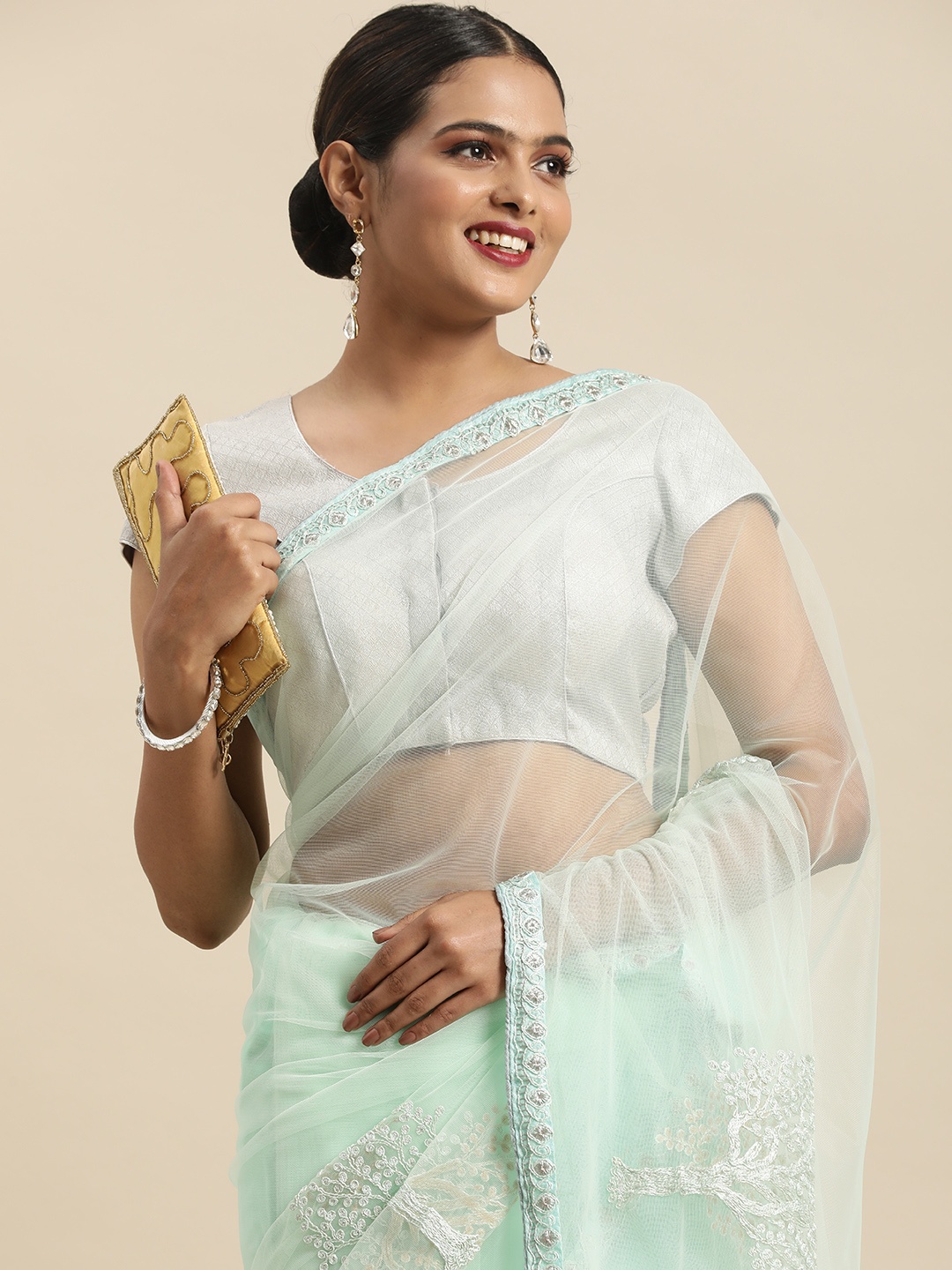 

Anouk Sea Green Sequinned Embellished Supernet Saree