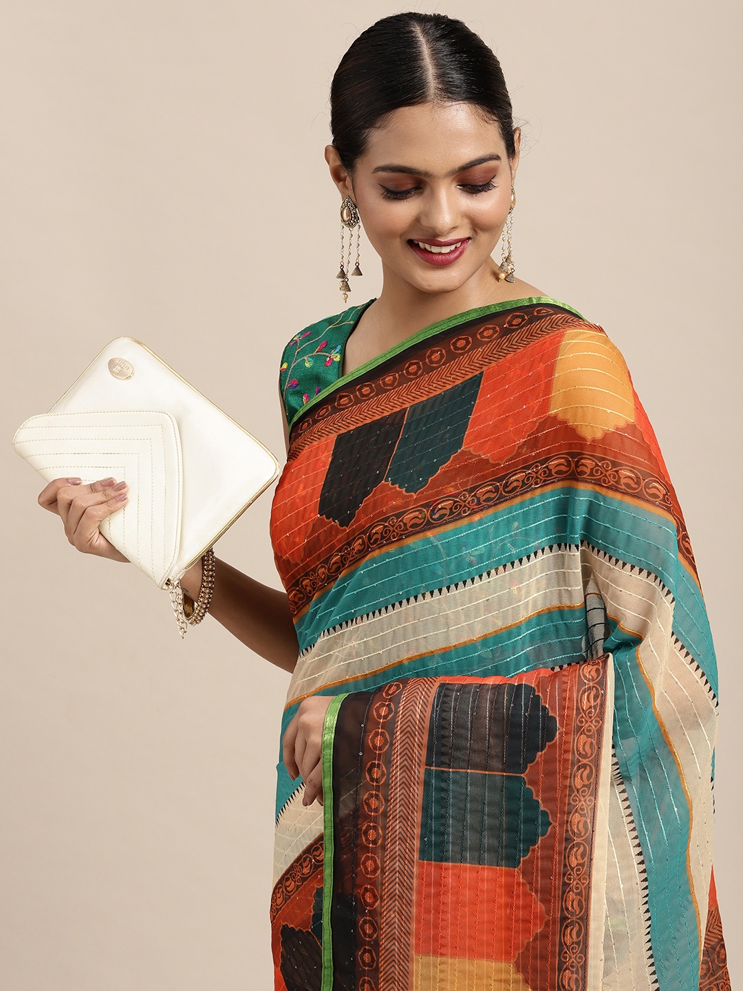 

Anouk Multicoloured Ethnic Motifs Sequinned Pure Georgette Saree, Multi